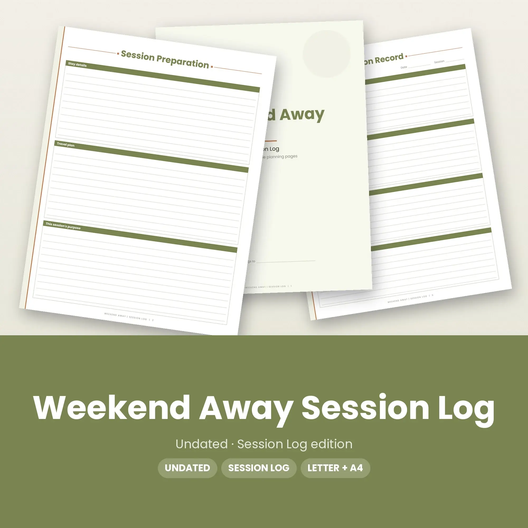 Weekend Away Session Log Planner PDF - Olive preview