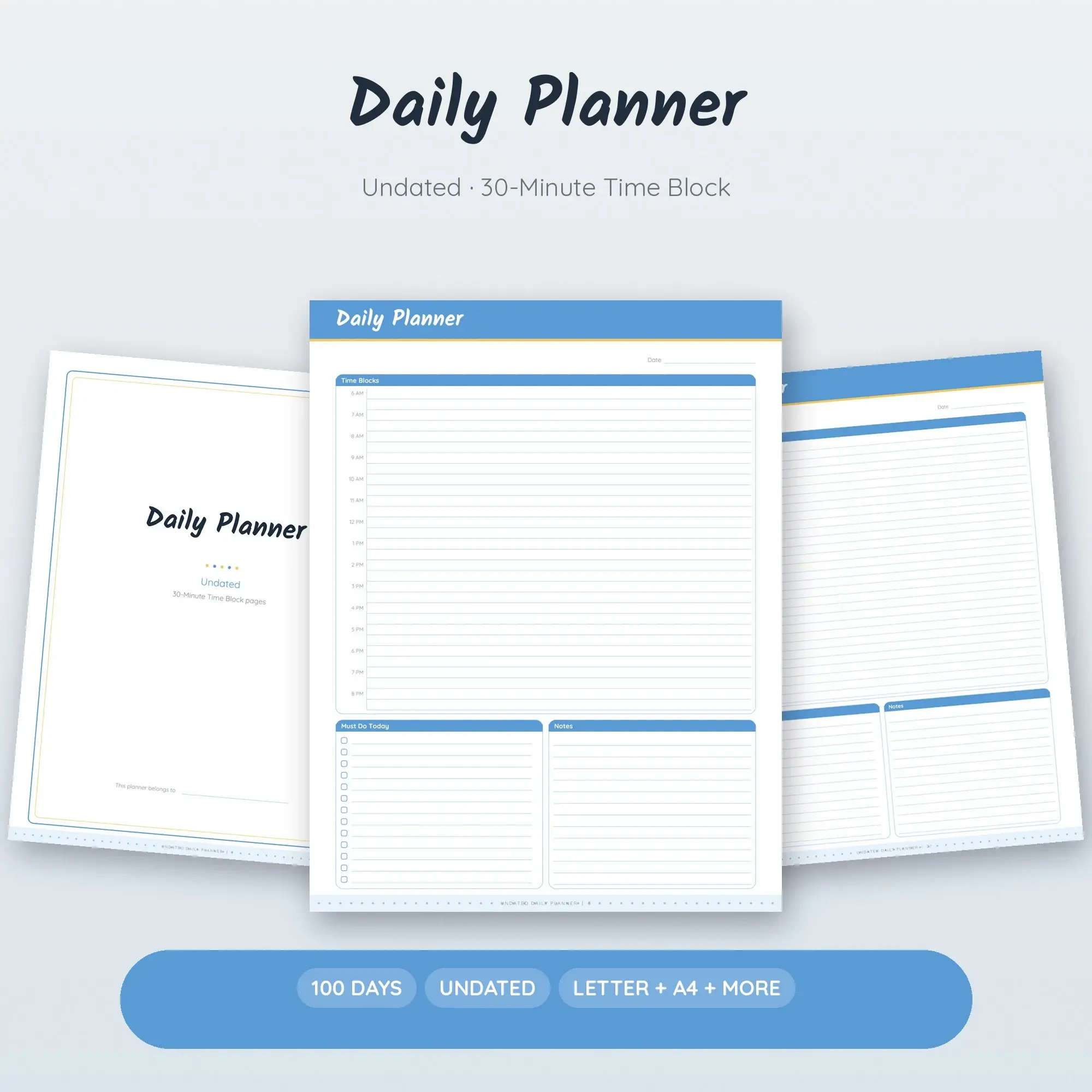Undated Daily Planner PDF, 30-Minute Time Block, Sky Blue preview