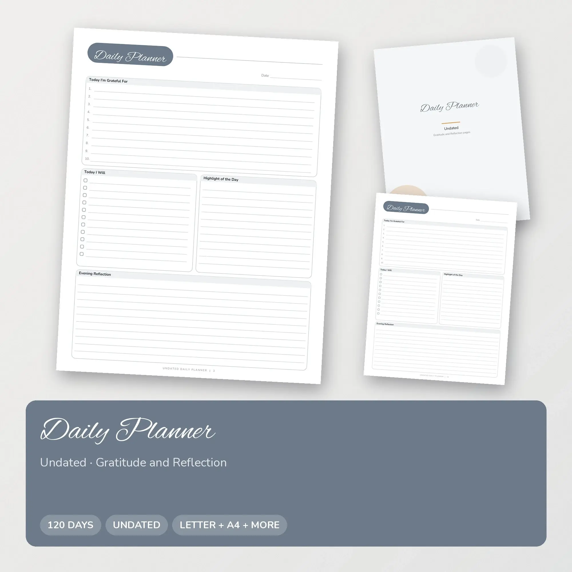 Daily Planner Undated Printable, 120 Pages, Pewter preview