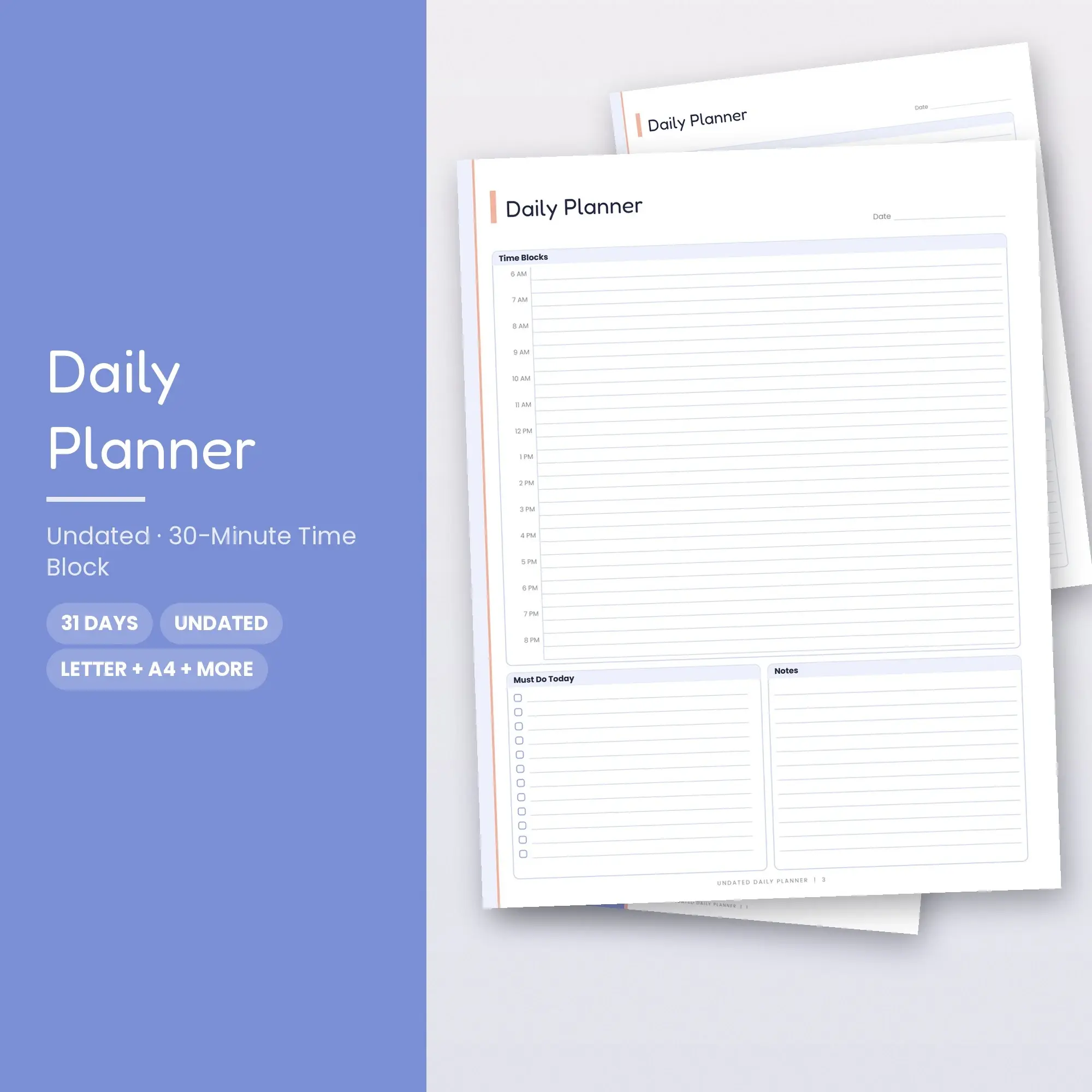Undated Daily Planner PDF, 30-Minute Time Block, Periwinkle preview