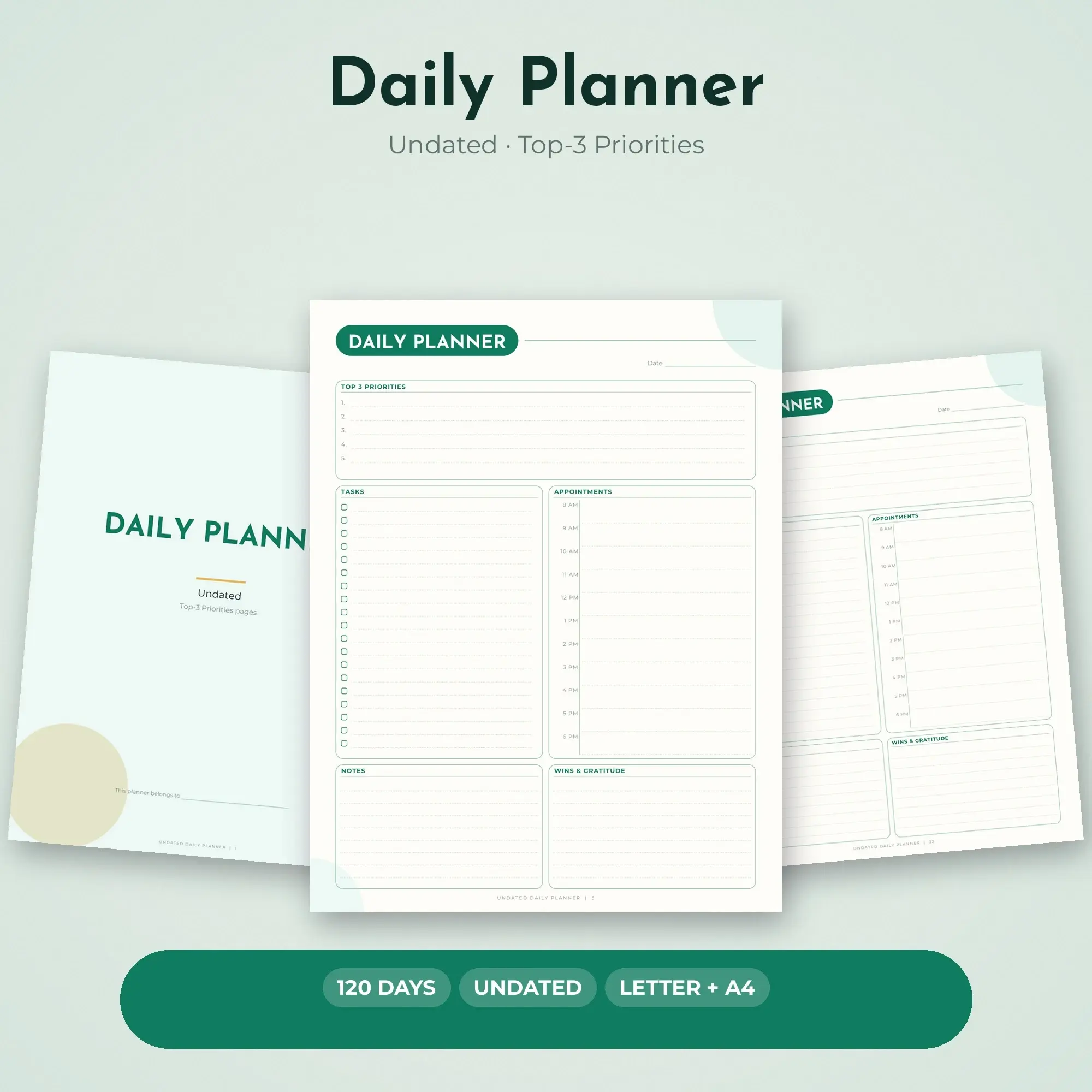 Daily Planner Printable - Top-3 Priorities Layout, Undated - Emerald preview