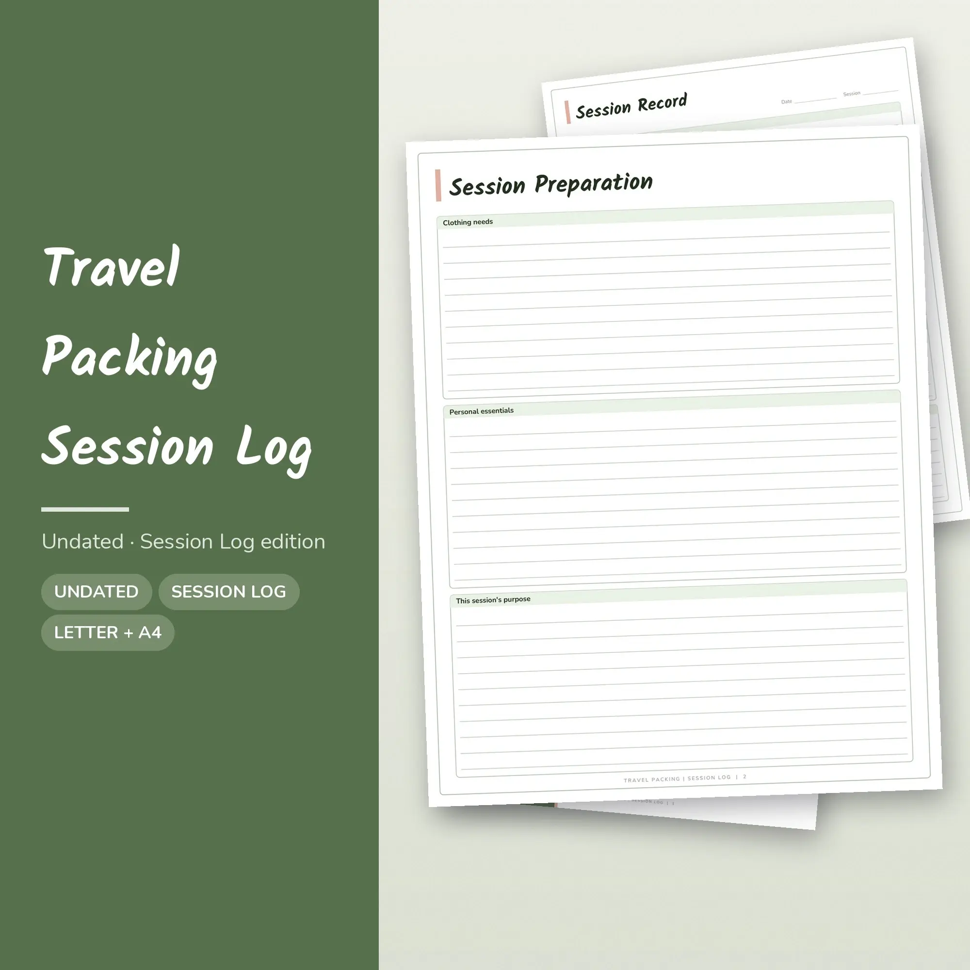 Travel Packing Session Log Planner PDF - Moss preview