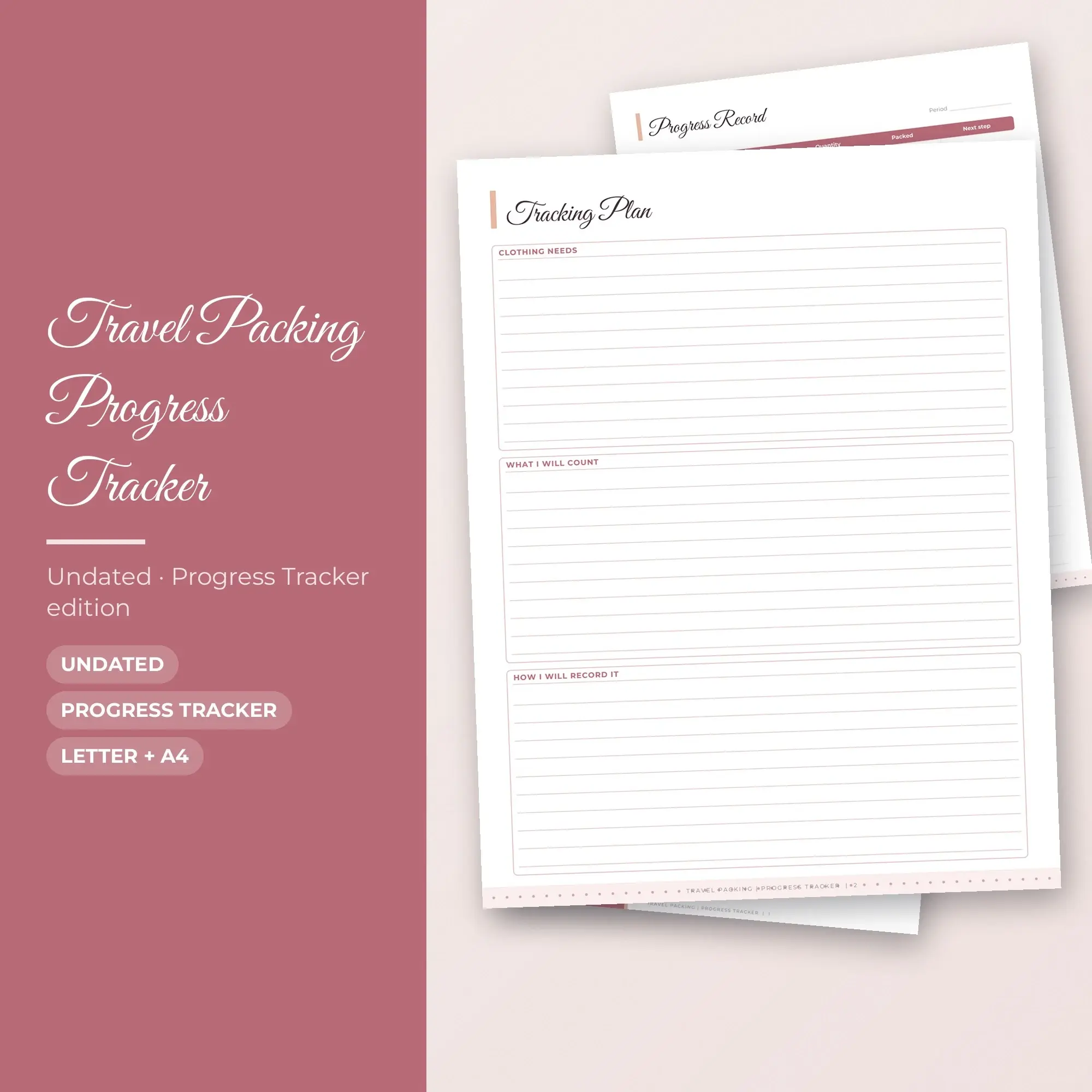 Travel Packing Progress Tracker Planner PDF - Dusty Rose preview
