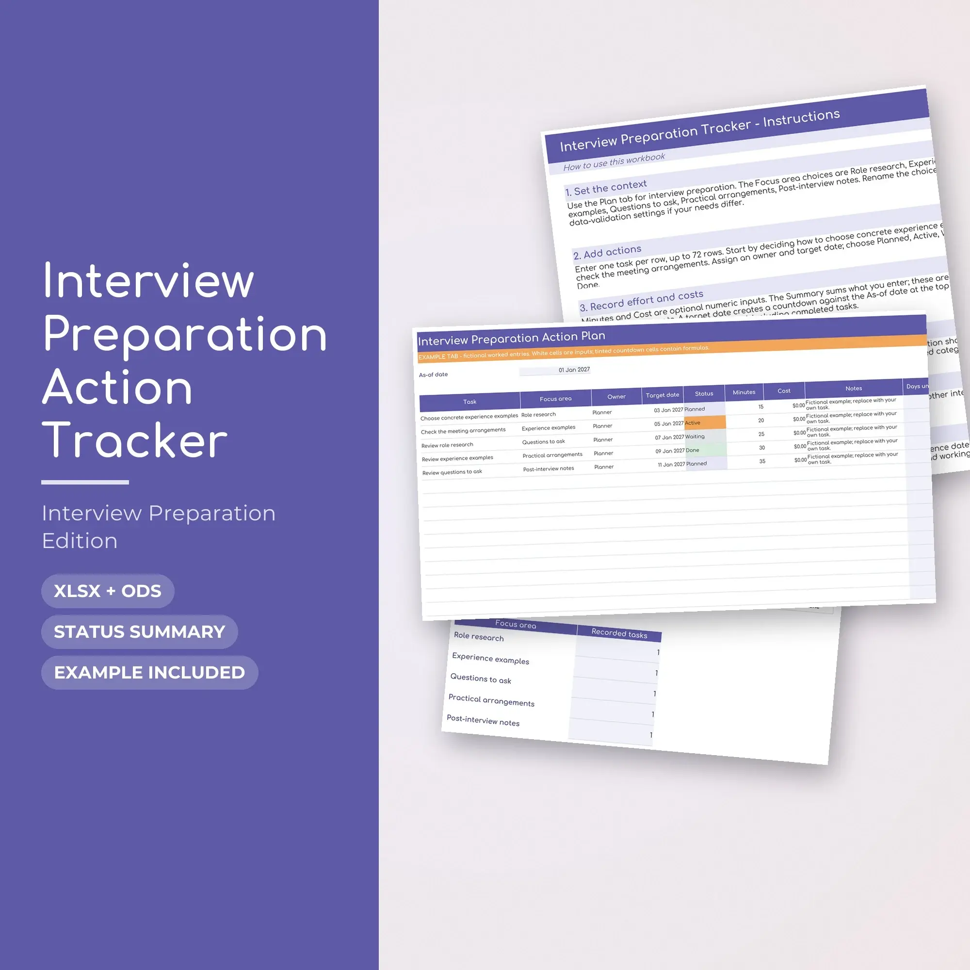 Interview Preparation Action Tracker Spreadsheet, XLSX + ODS preview