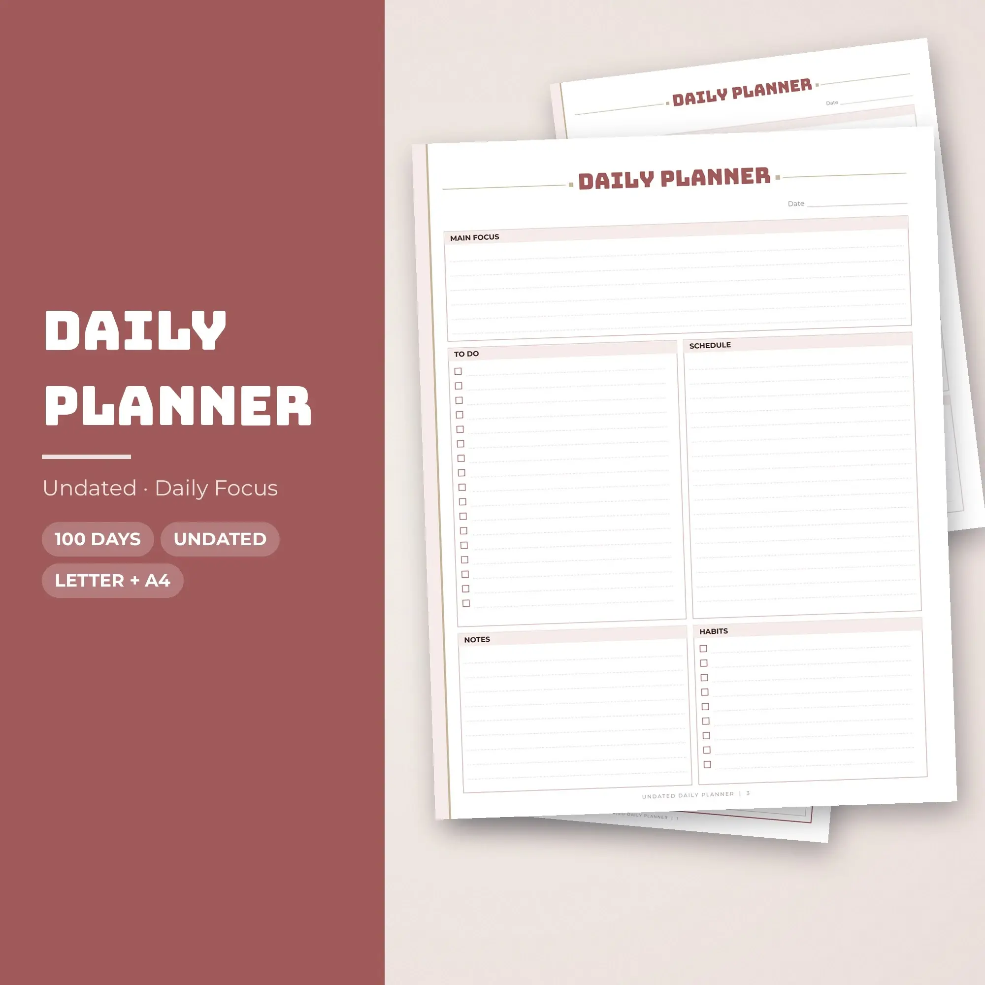 Daily Focus Daily Planner Printable, Bold Rosewood preview