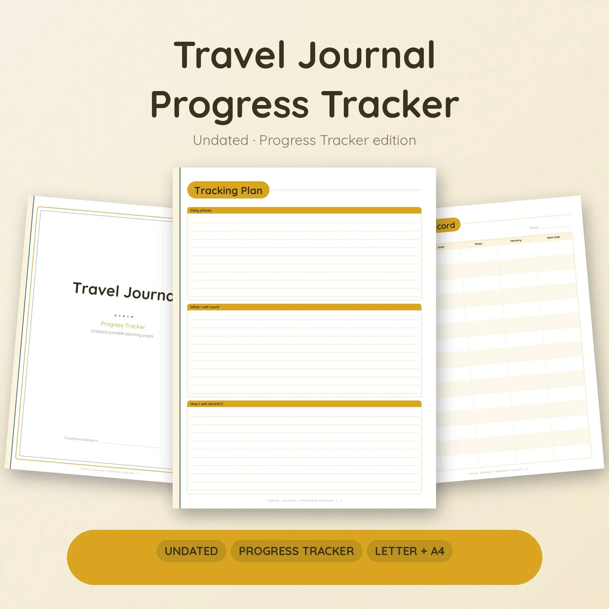 Travel Journal Progress Tracker Planner PDF - Mustard preview