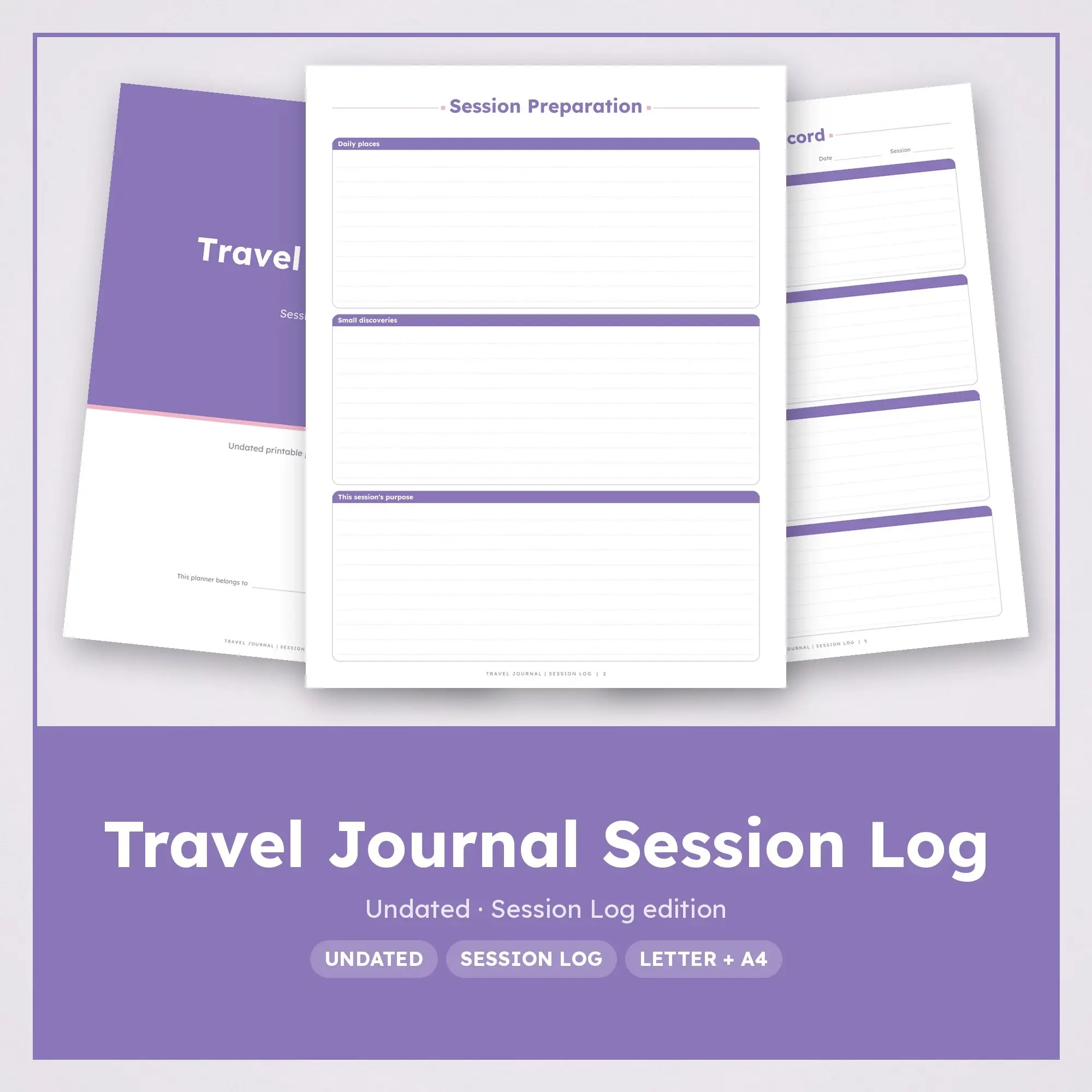 Travel Journal Session Log Planner PDF - Lavender preview