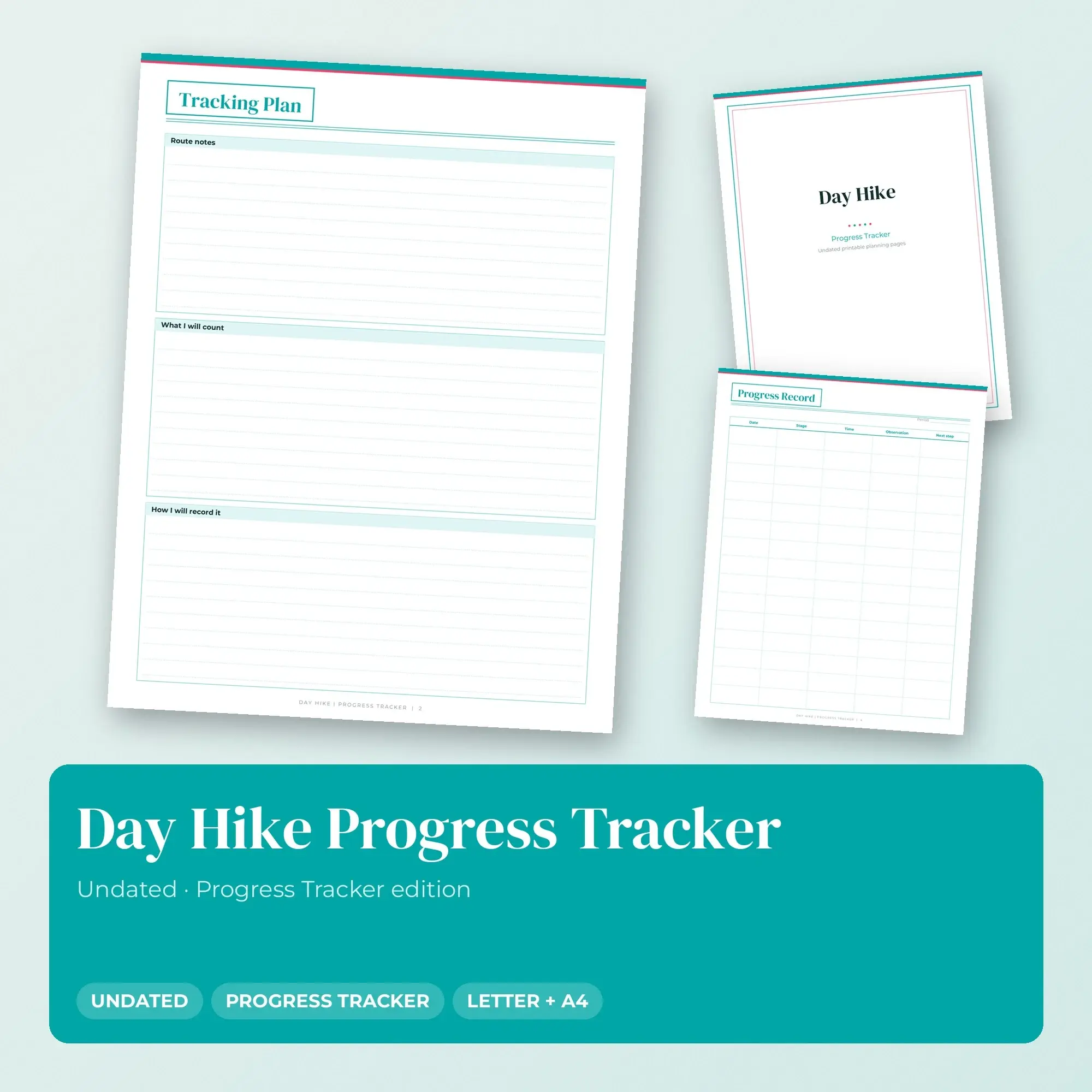 Day Hike Progress Tracker Planner PDF - Aqua preview