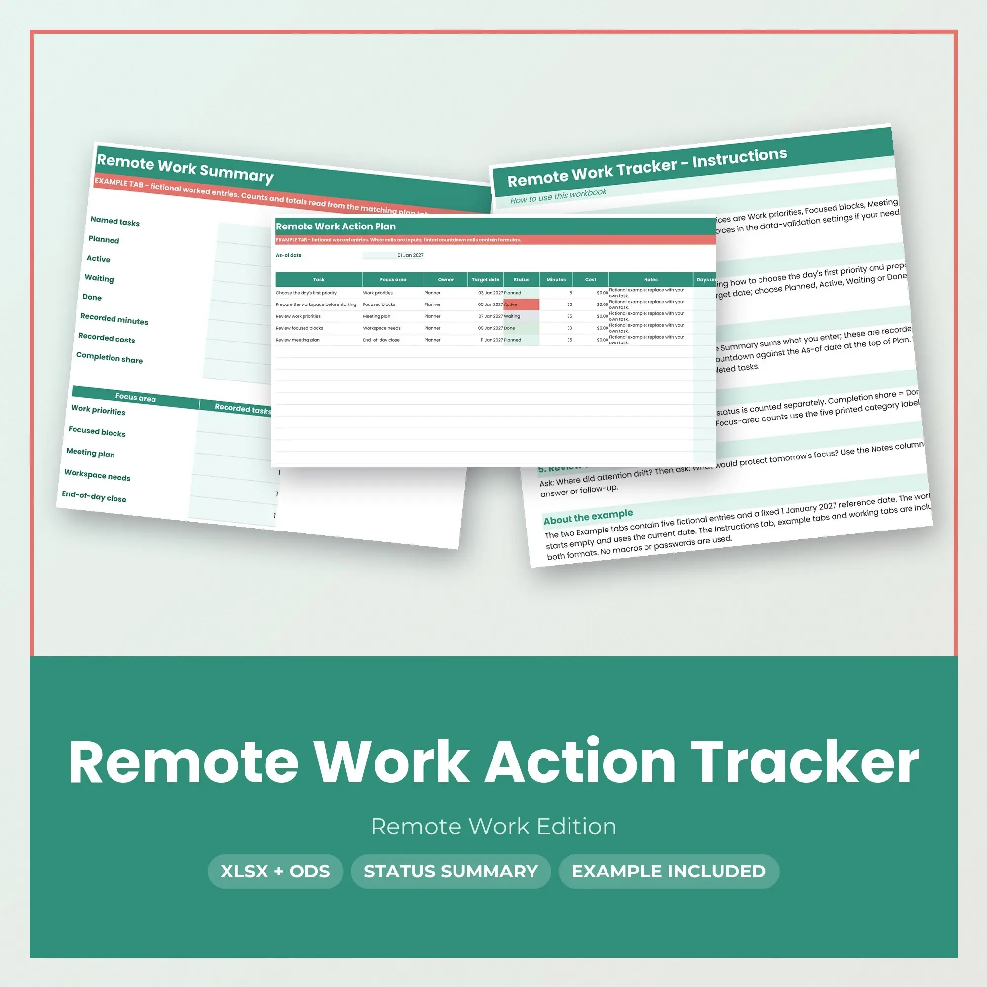 Remote Work Action Tracker Spreadsheet, XLSX + ODS preview