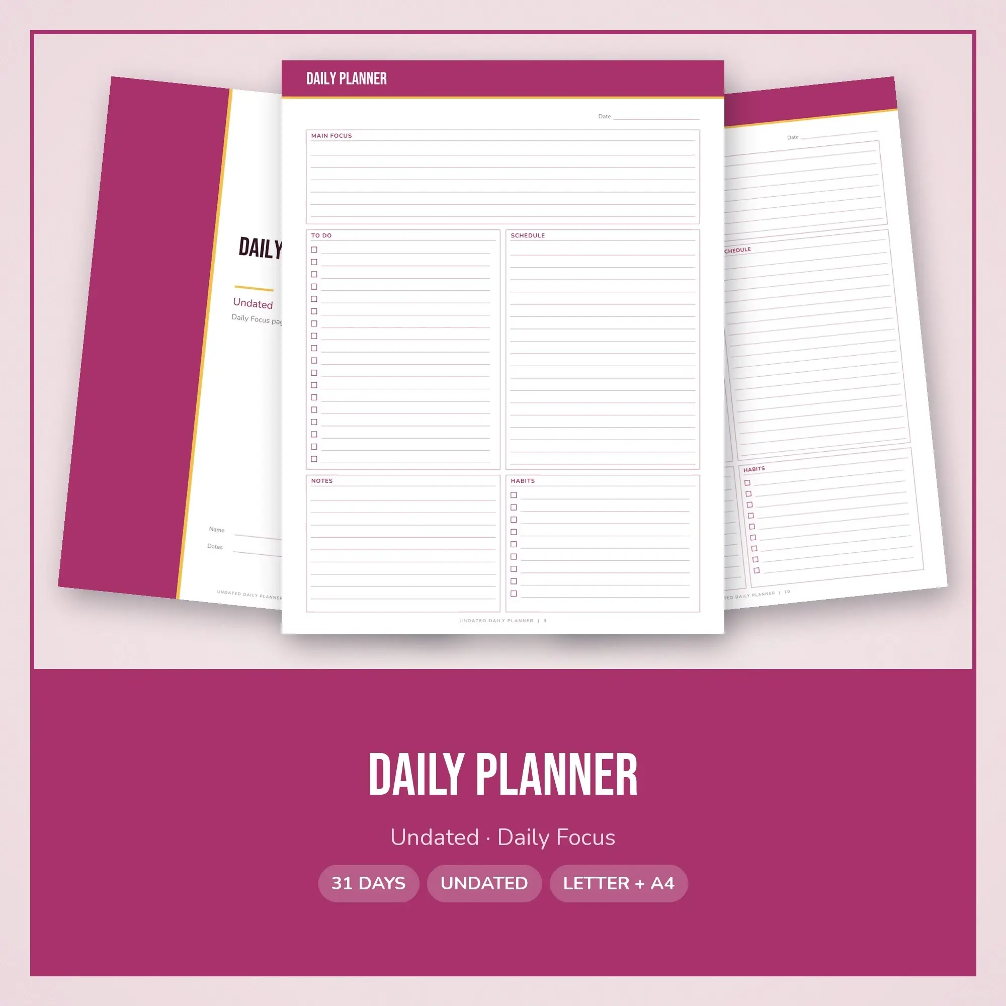 Daily Focus Daily Planner Printable, Simple Berry preview