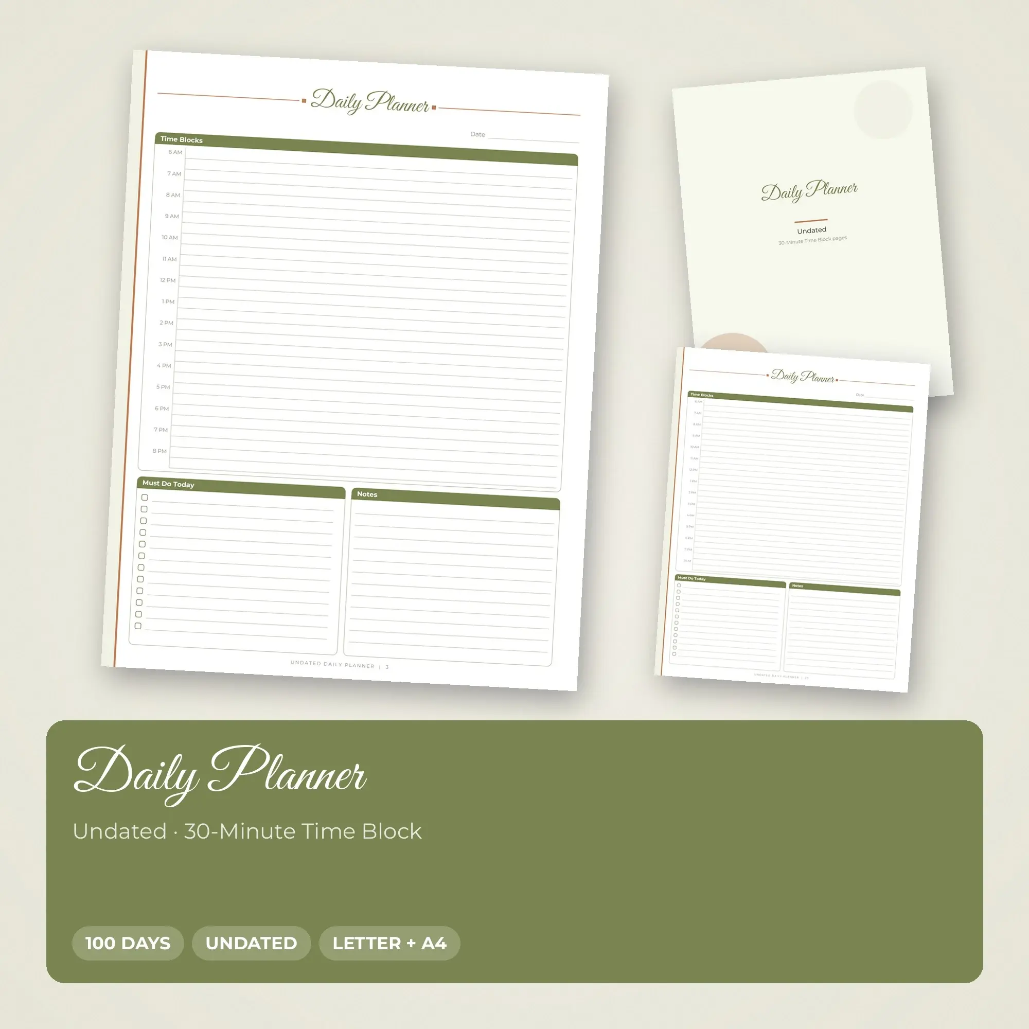Undated Daily Planner PDF, 30-Minute Time Block, Olive preview