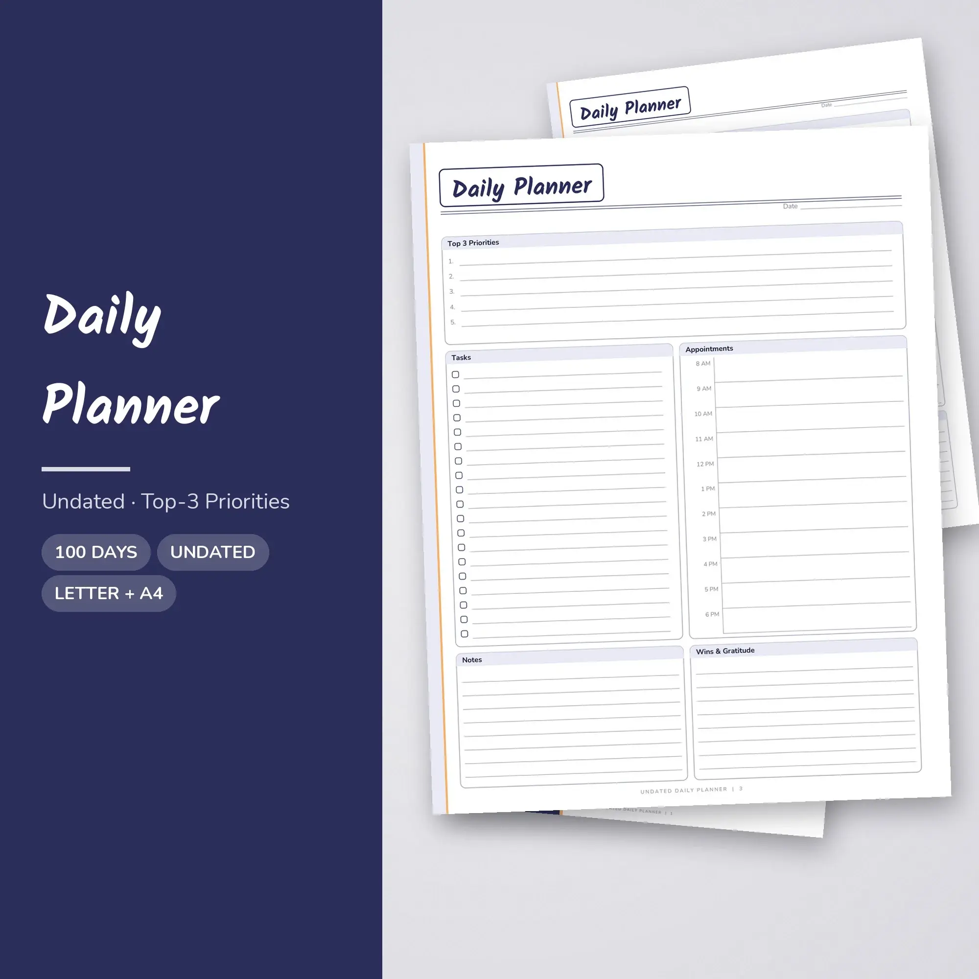 Daily Planner Printable - Top-3 Priorities Layout, Undated - Midnight preview