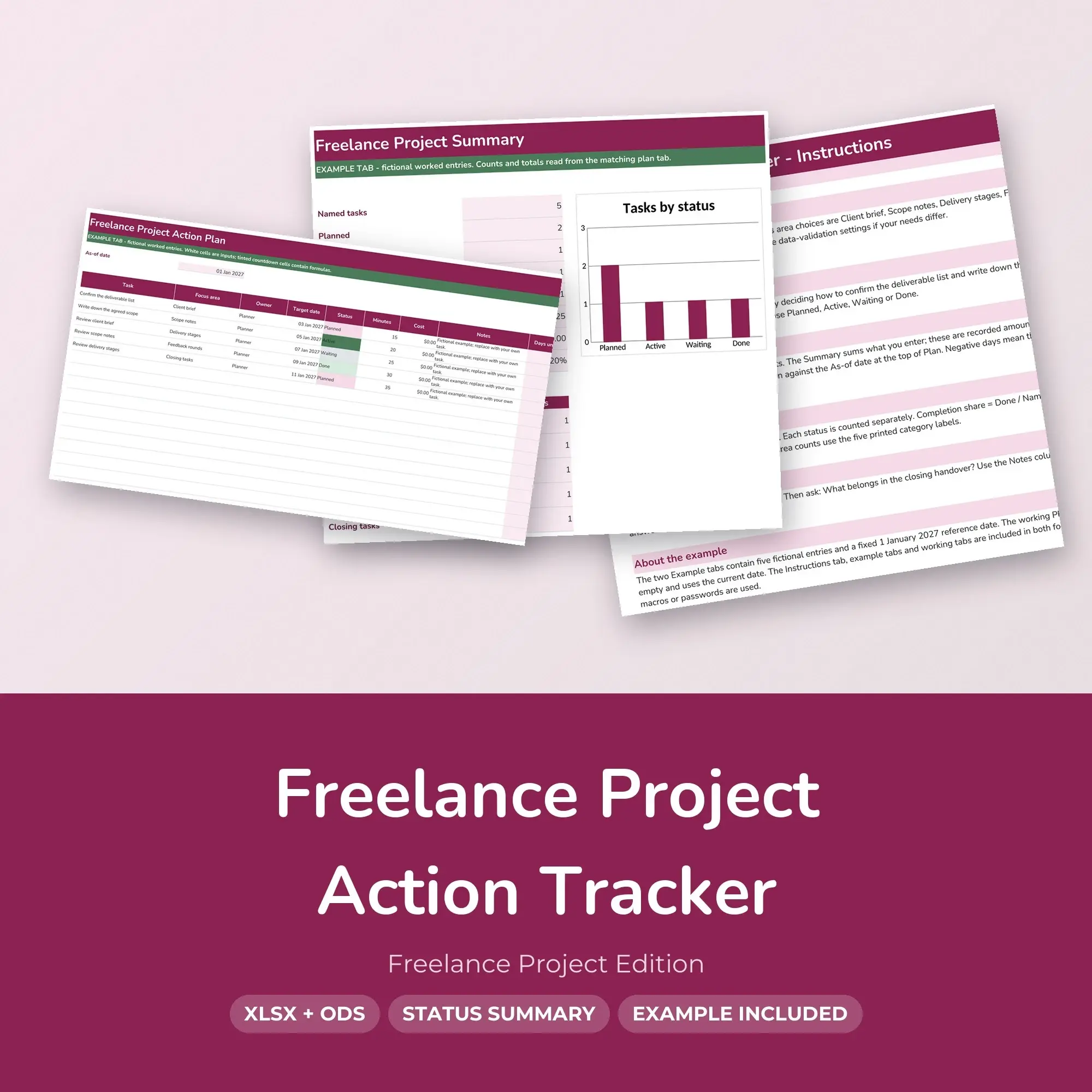 Freelance Project Action Tracker Spreadsheet, XLSX + ODS preview