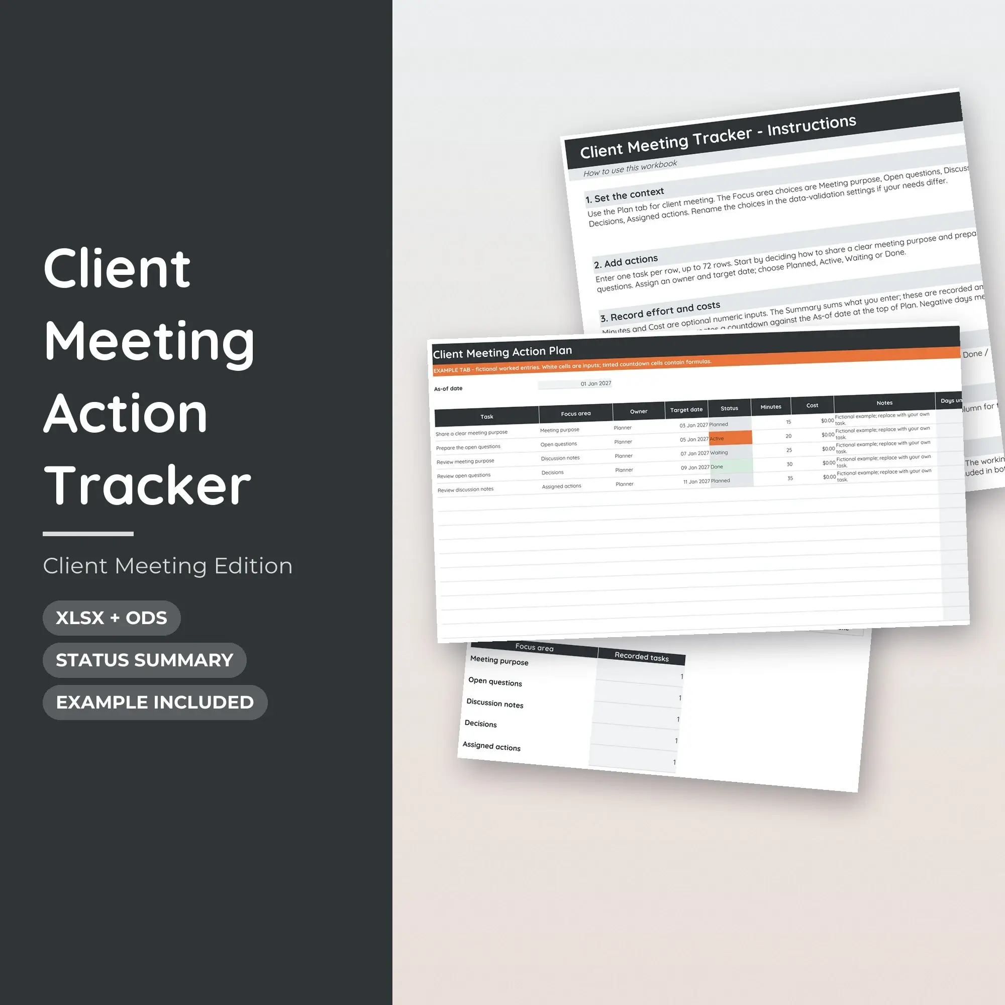 Client Meeting Action Tracker Spreadsheet, XLSX + ODS preview