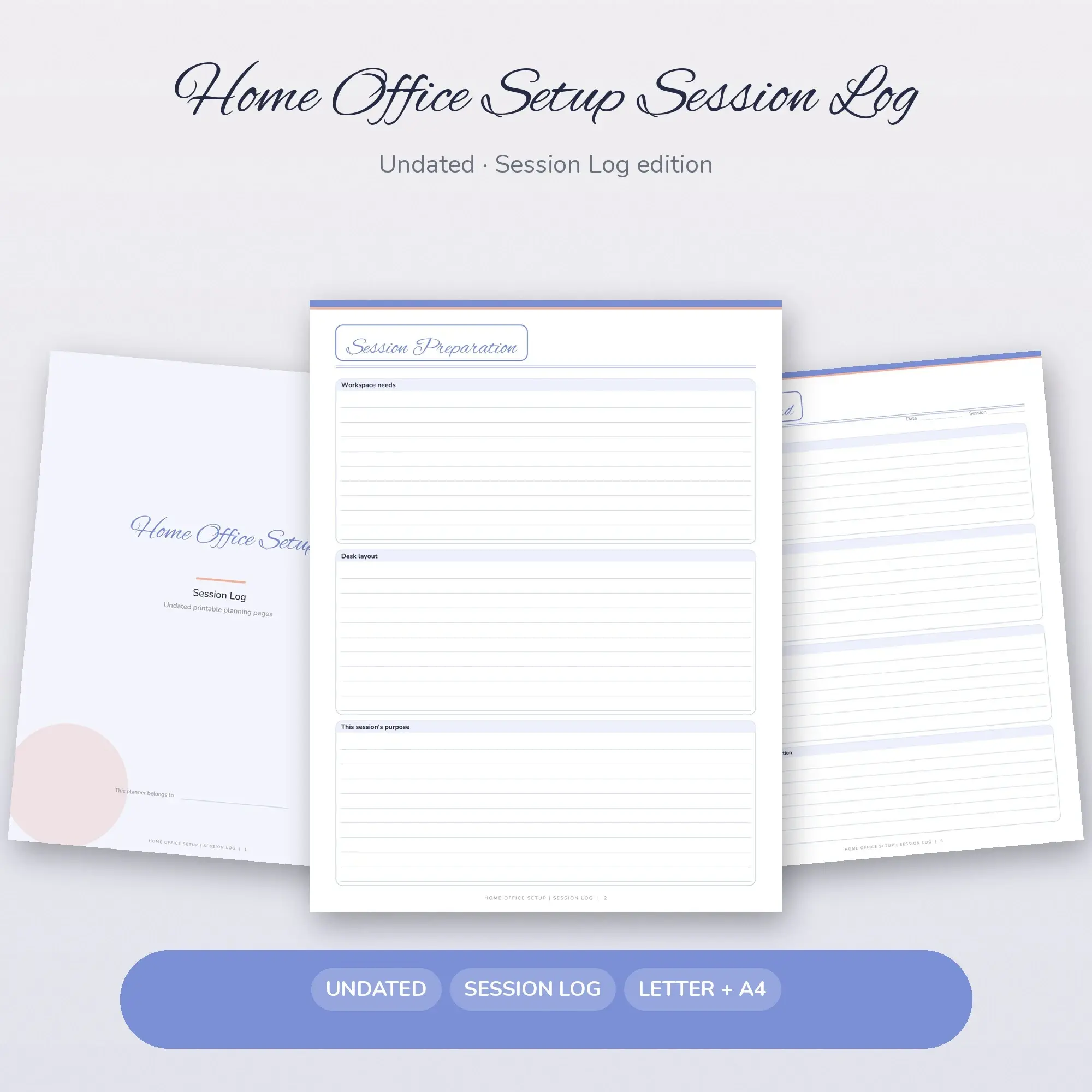 Home Office Setup Session Log Planner PDF - Periwinkle, preview 1 of 2