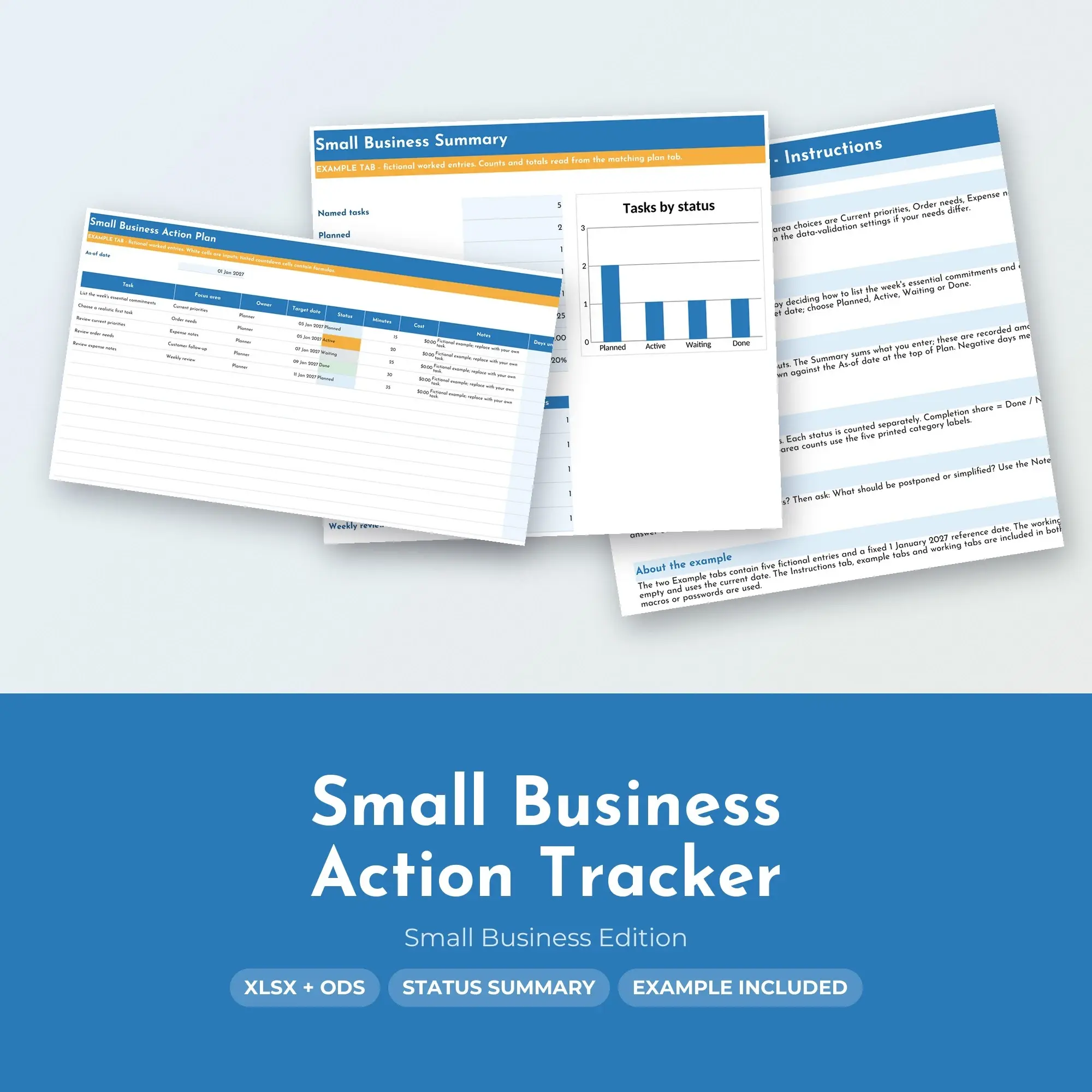 Small Business Action Tracker Spreadsheet, XLSX + ODS preview