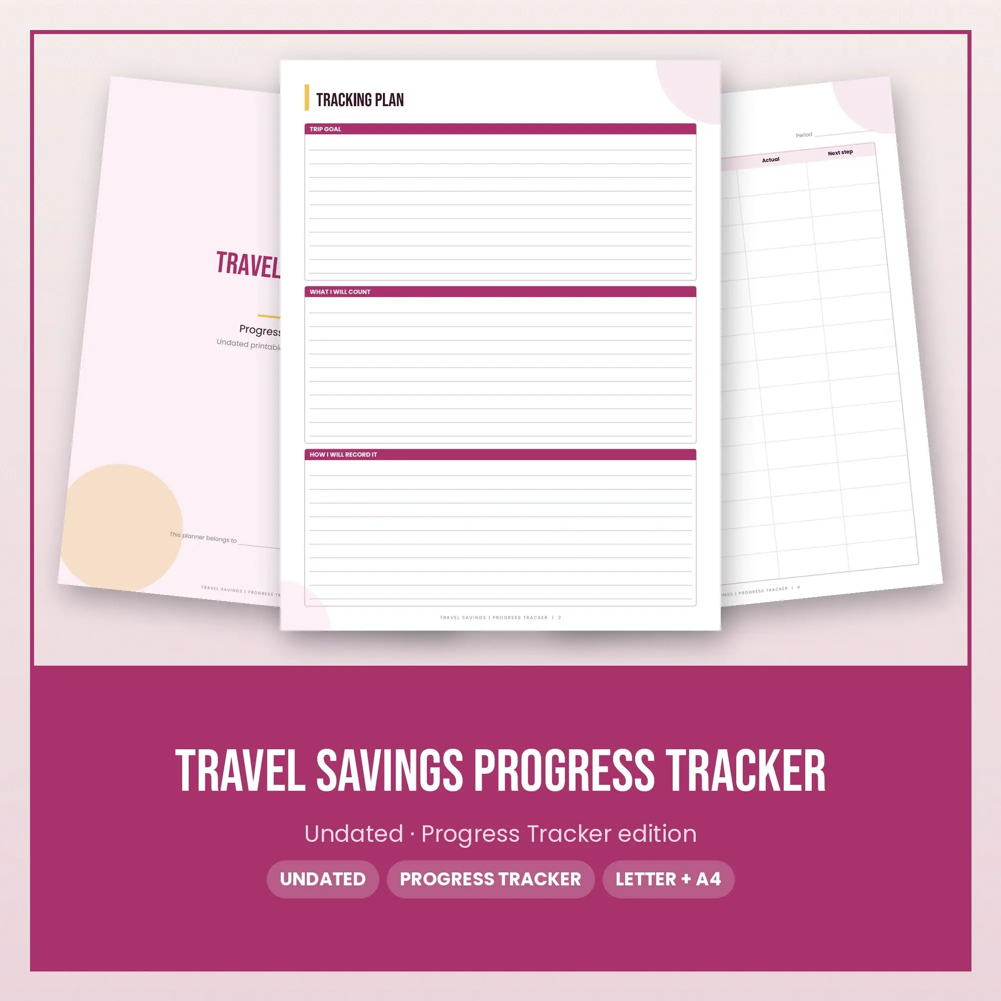 Travel Savings Progress Tracker Planner PDF - Berry preview