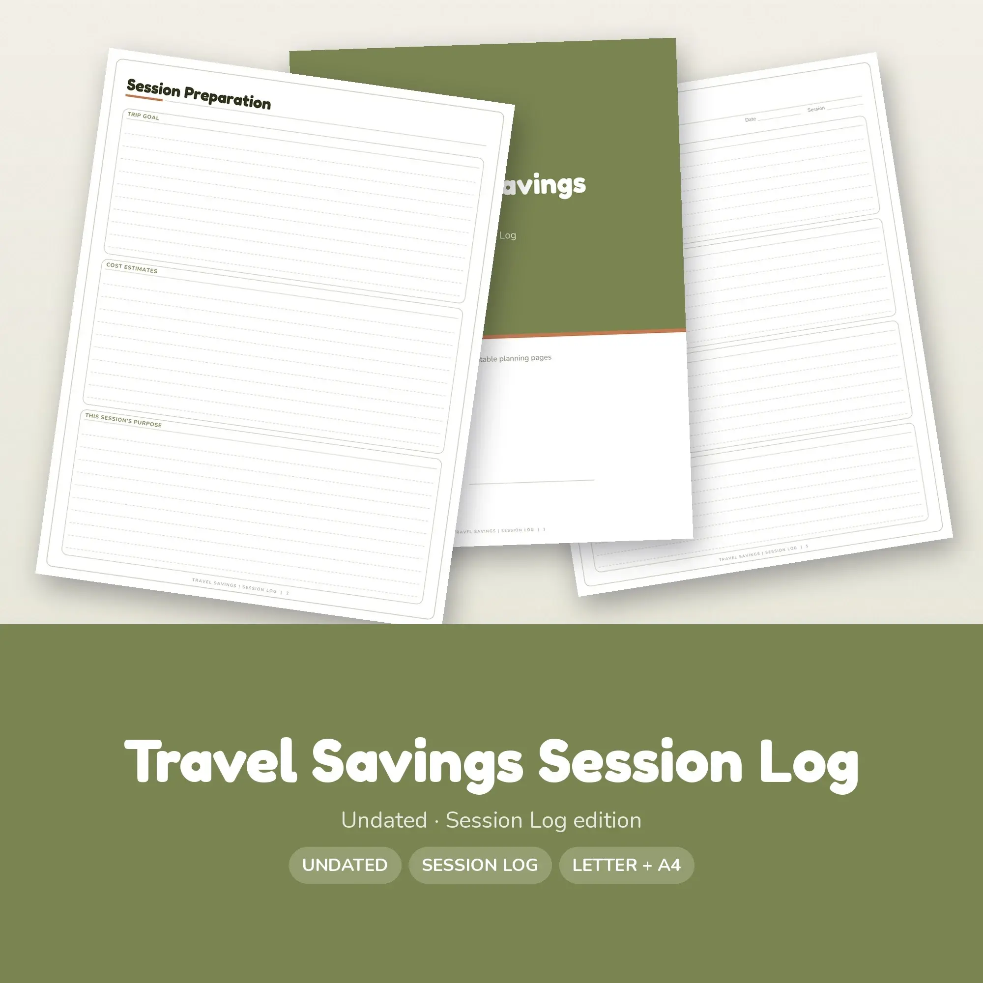 Travel Savings Session Log Planner PDF - Olive preview
