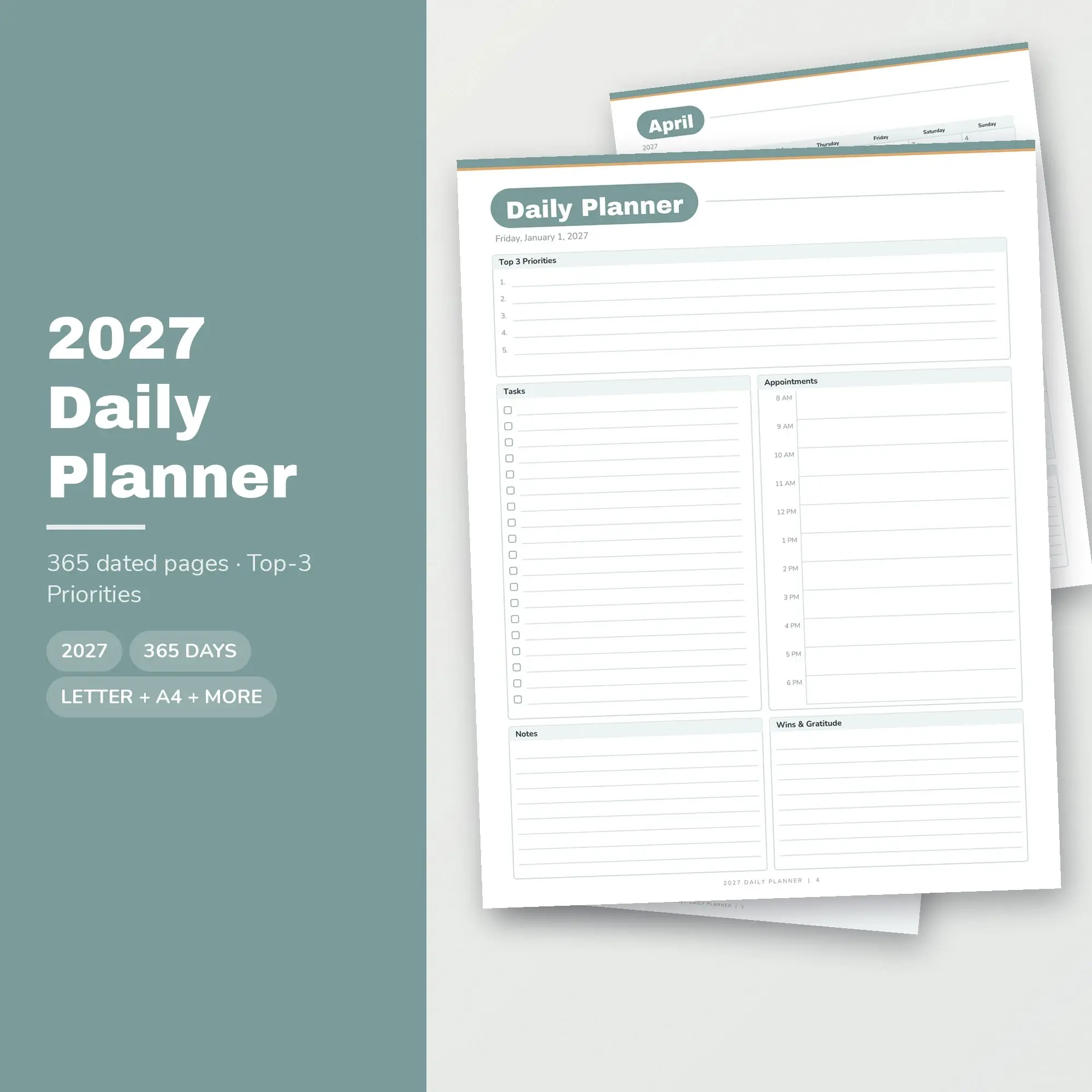 2027 Daily Planner Printable, 365 Pages, Seafoam PDF preview