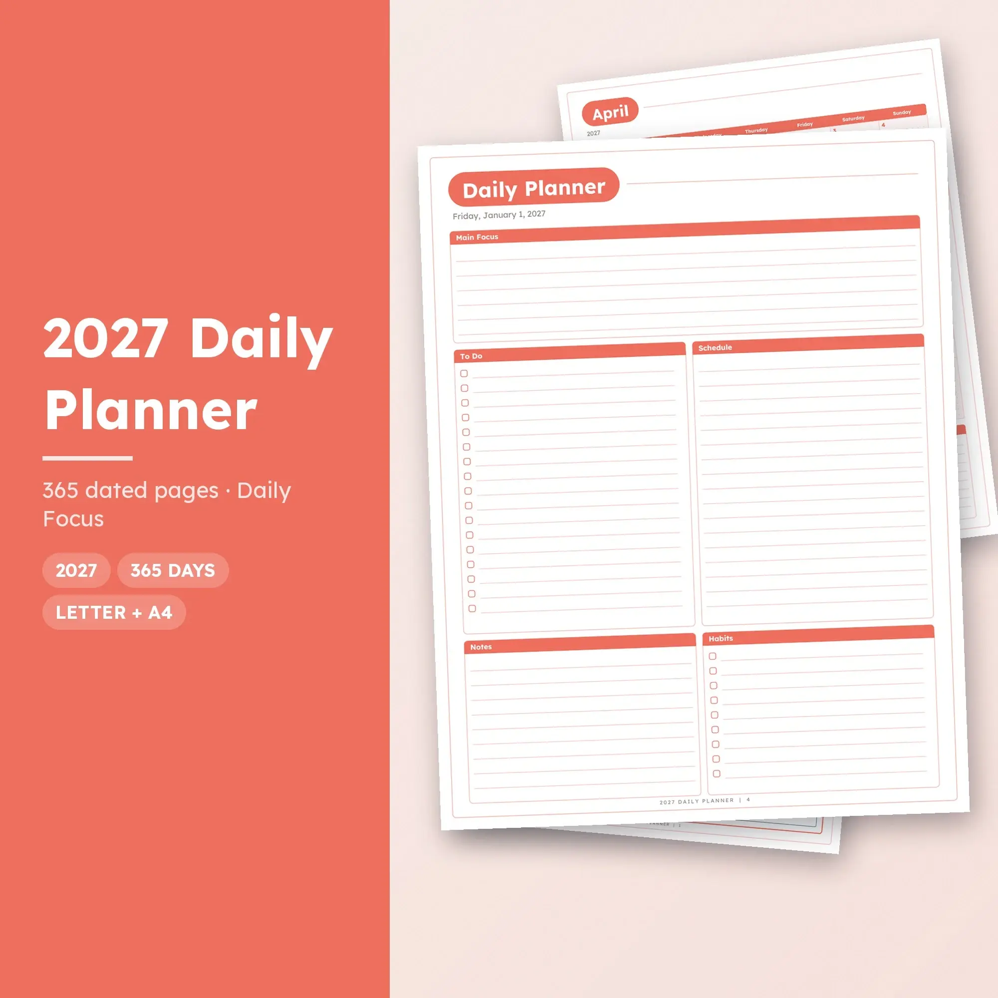 Daily Planner 2027 Printable PDF, Daily Focus, Dated preview