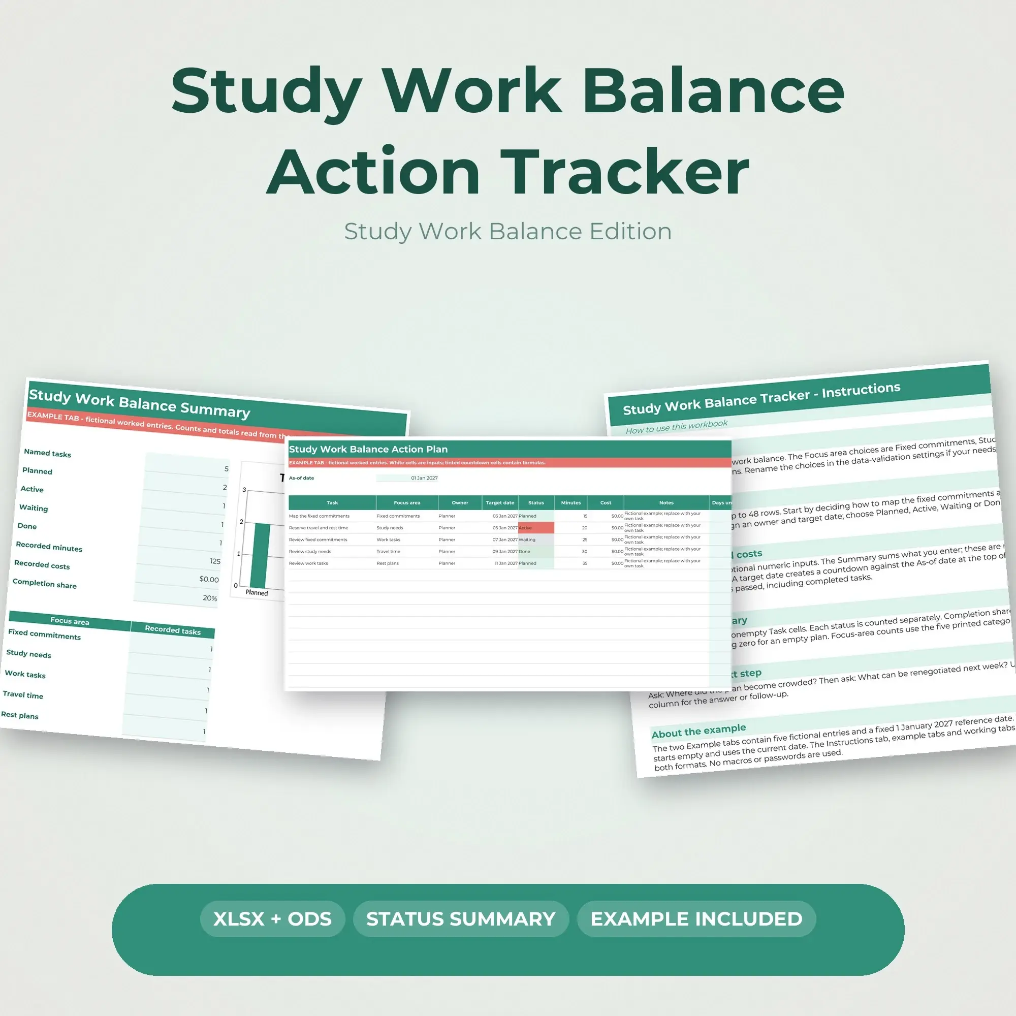 Study Work Balance Action Tracker Spreadsheet, XLSX + ODS preview