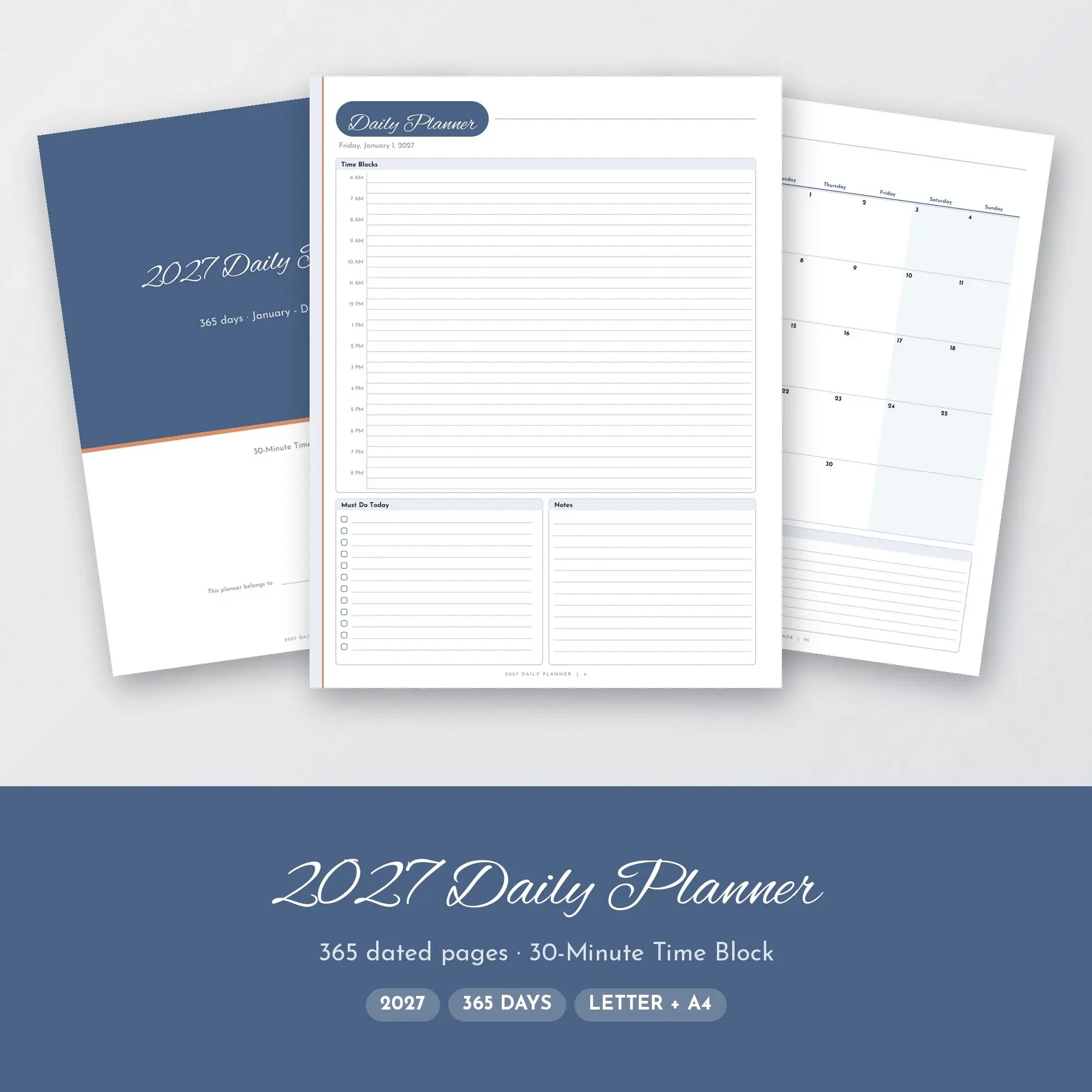 Printable 2027 Day Planner, 30-Minute Time Block Layout, Slate Blue preview