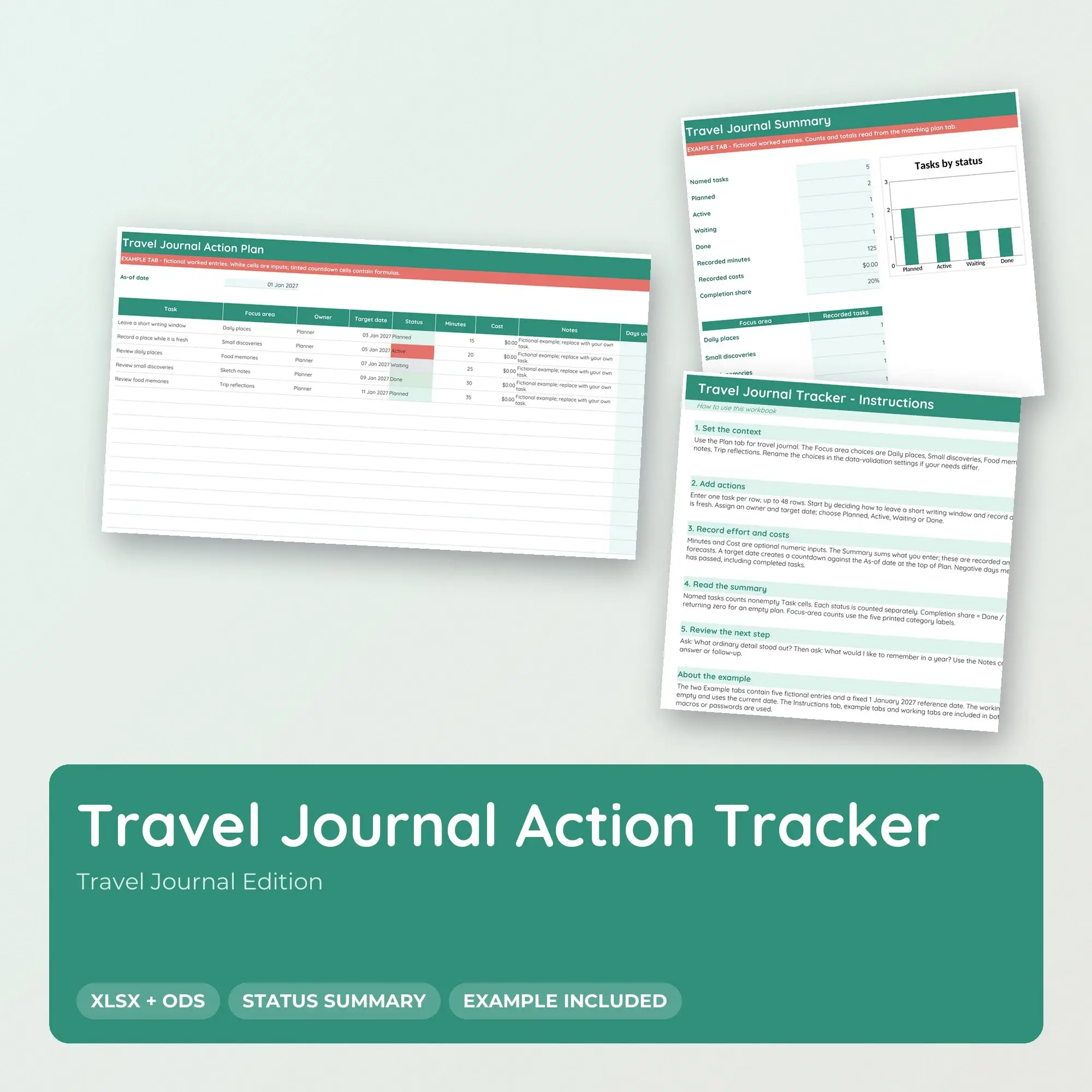 Travel Journal Action Tracker Spreadsheet, XLSX + ODS preview