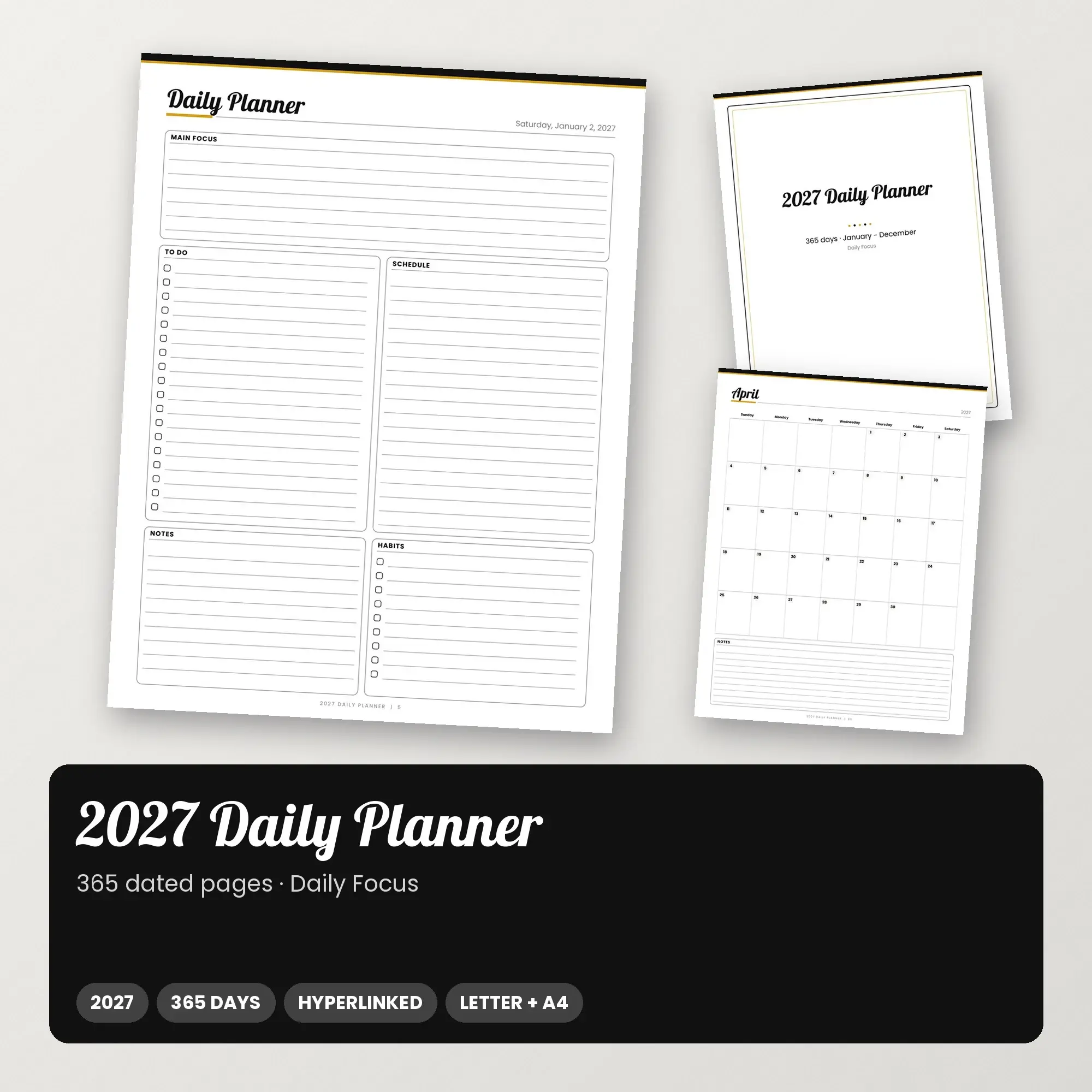 2027 Daily Digital Planner PDF with Clickable Months and Days, Ink Black preview