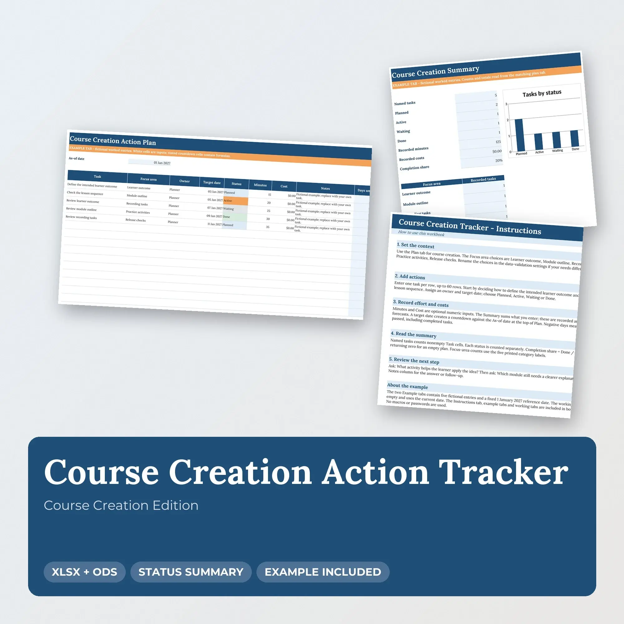 Course Creation Action Tracker Spreadsheet, XLSX + ODS preview