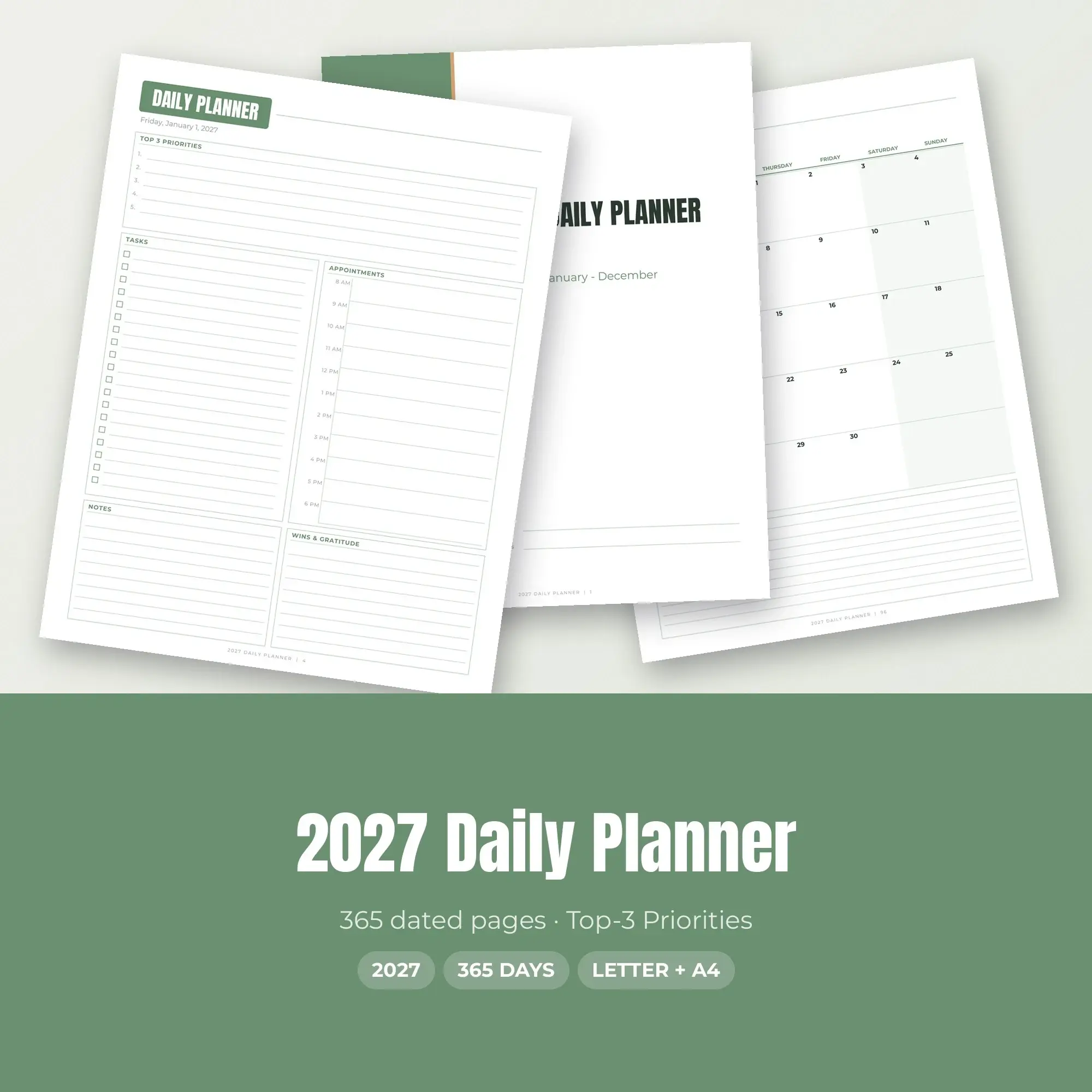 Daily Planner 2027 Printable PDF, Top-3 Priorities, Dated preview
