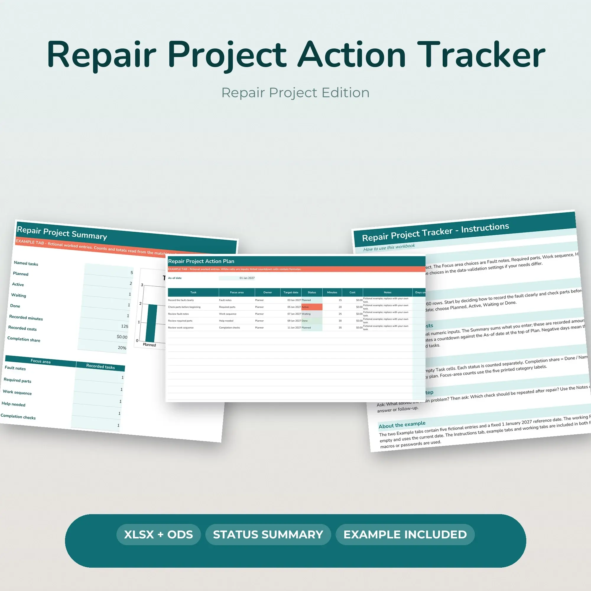 Repair Project Action Tracker Spreadsheet, XLSX + ODS preview