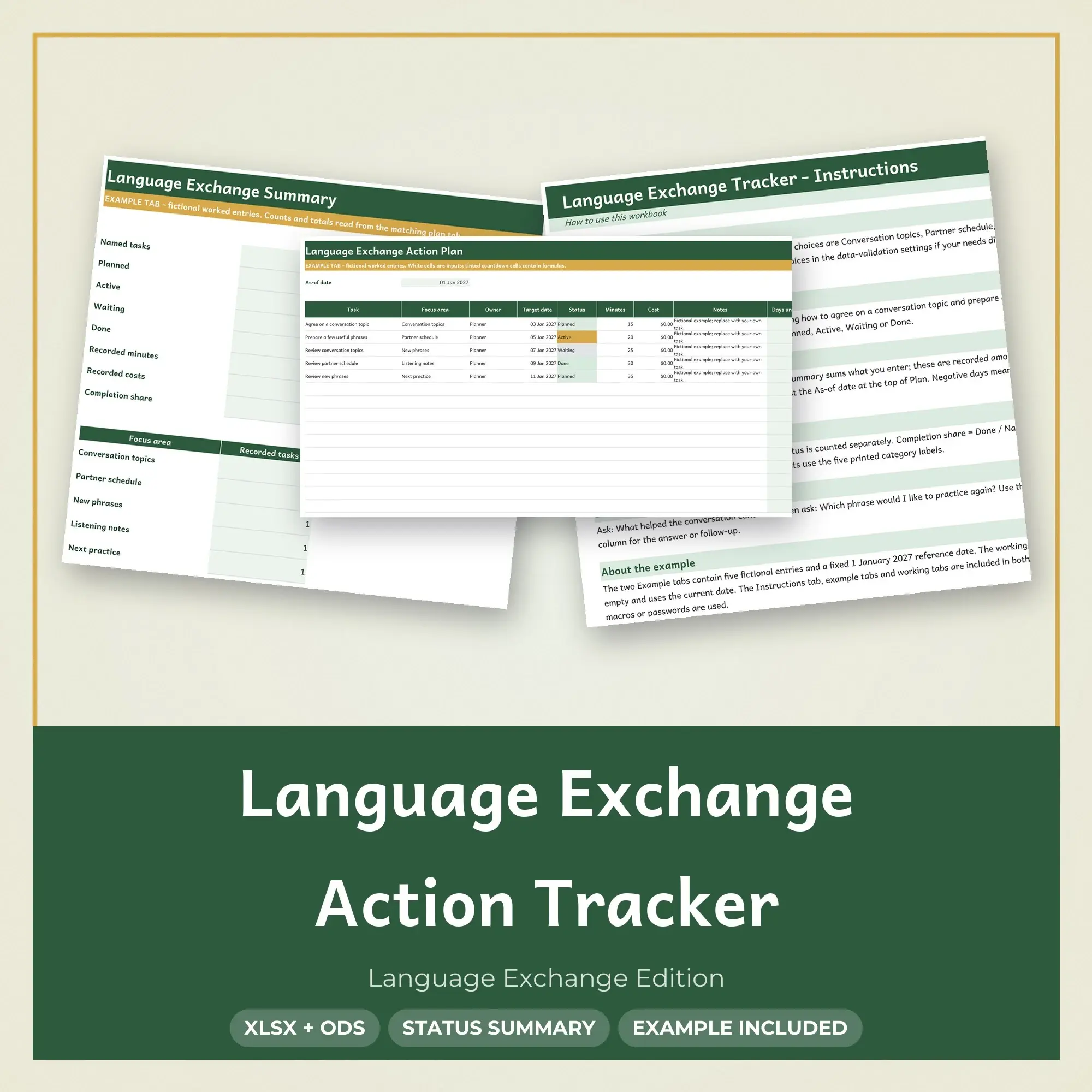 Language Exchange Action Tracker Spreadsheet, XLSX + ODS preview