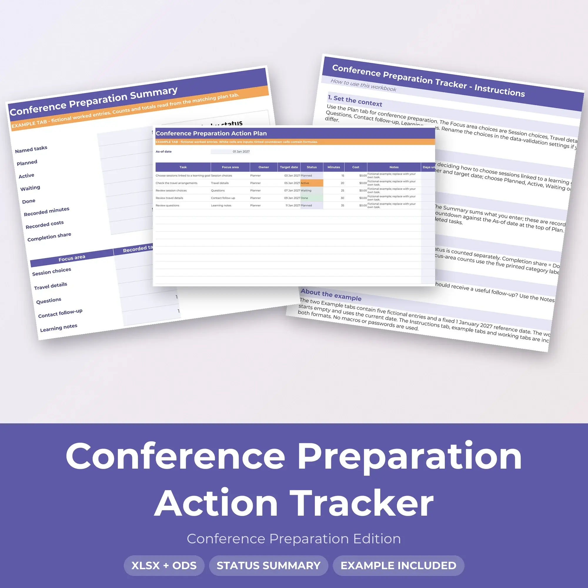 Conference Preparation Action Tracker Spreadsheet, XLSX + ODS preview