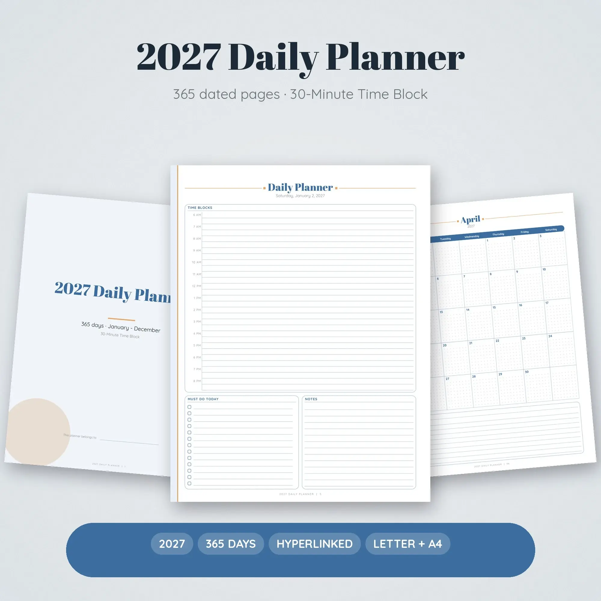 Hyperlinked 2027 Daily Planner for Tablet, 365 Dated Pages + Print PDF (US Letter A4) preview