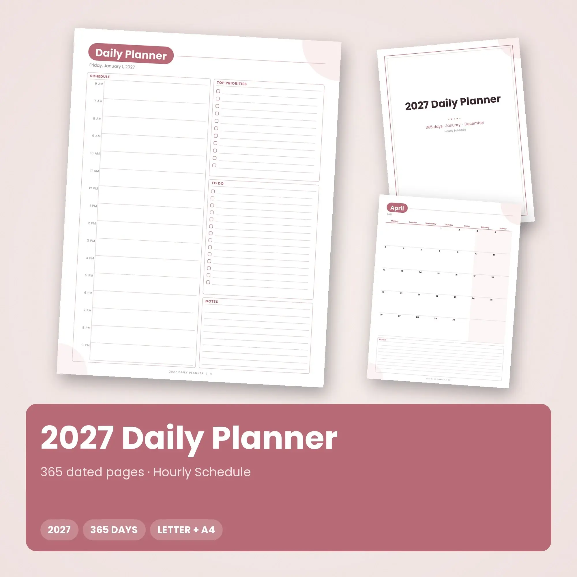 Printable 2027 Day Planner, Hourly Schedule Layout, Dusty Rose preview