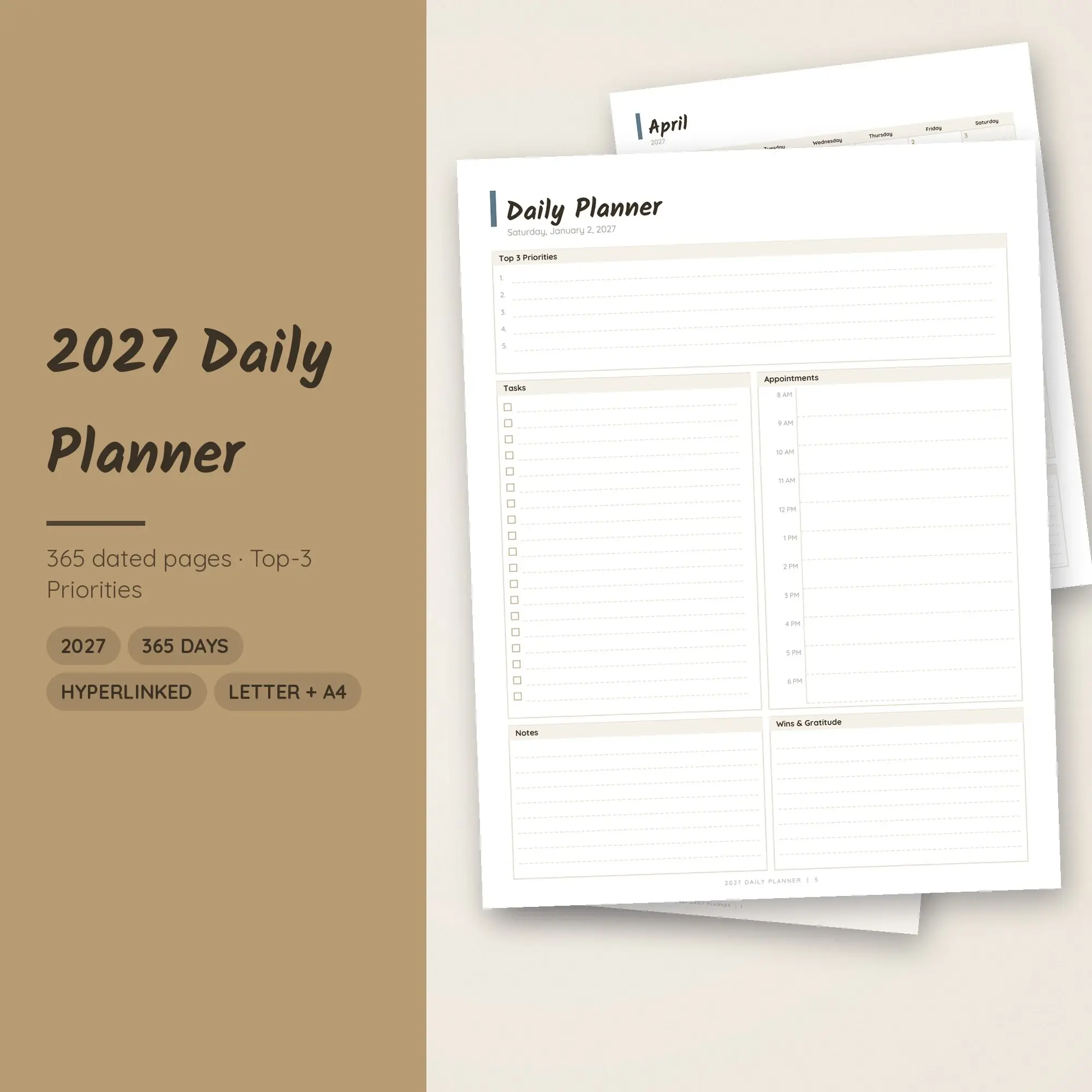 2027 Daily Digital Planner PDF with Clickable Months and Days, Sand preview