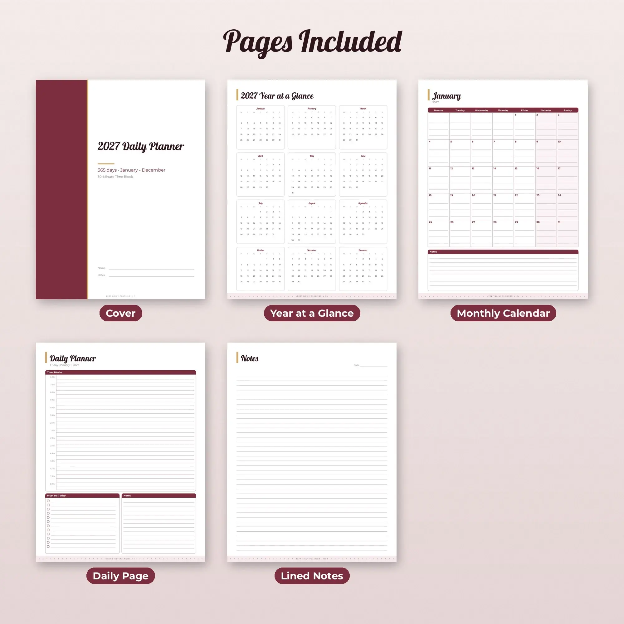 2027 Daily Planner Printable, 365 Pages, Burgundy PDF, preview 2 of 2