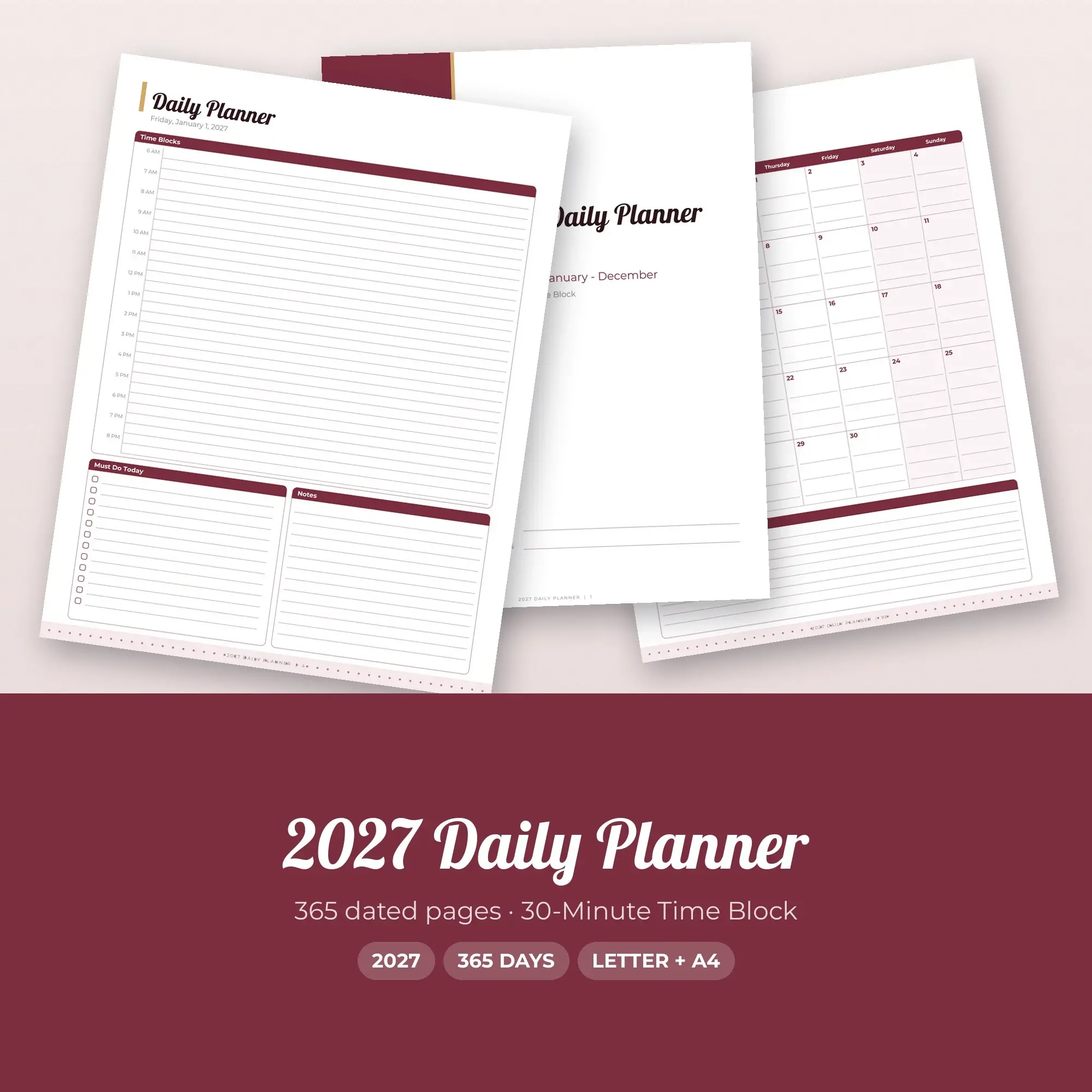 2027 Daily Planner Printable, 365 Pages, Burgundy PDF preview