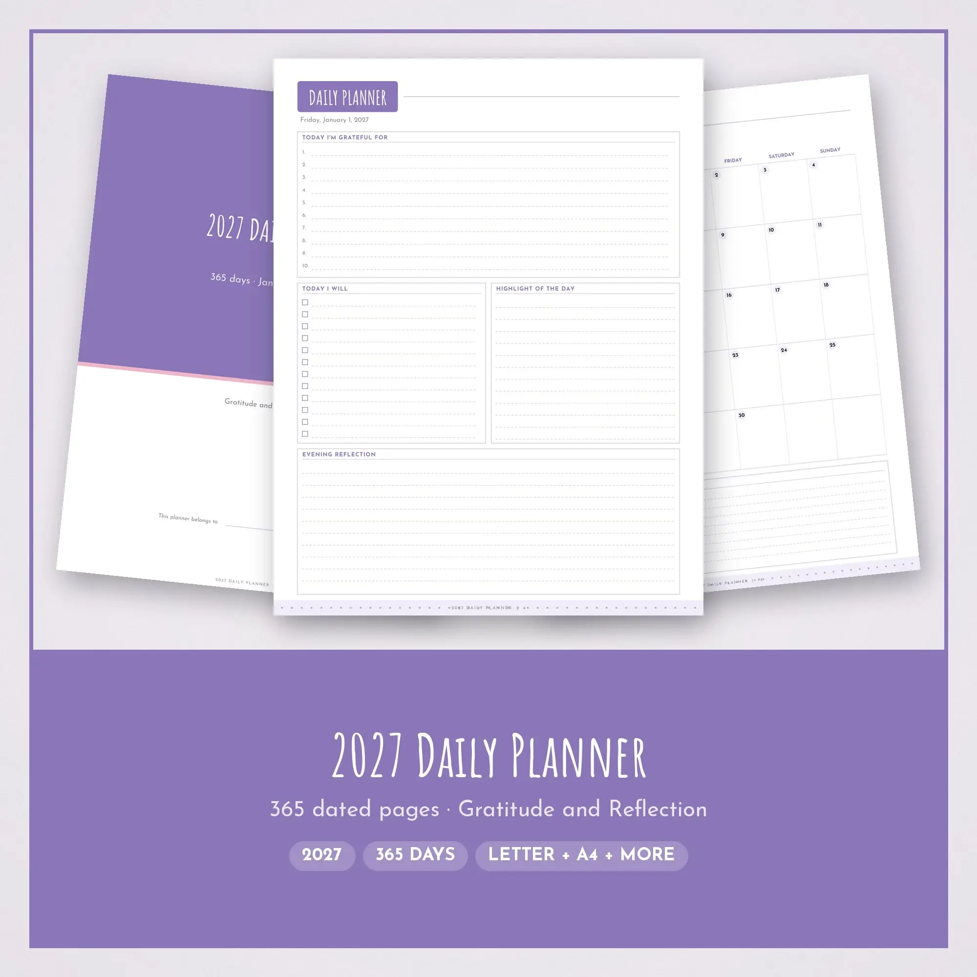 Daily Planner 2027 Printable PDF, Gratitude and Reflection, Dated preview