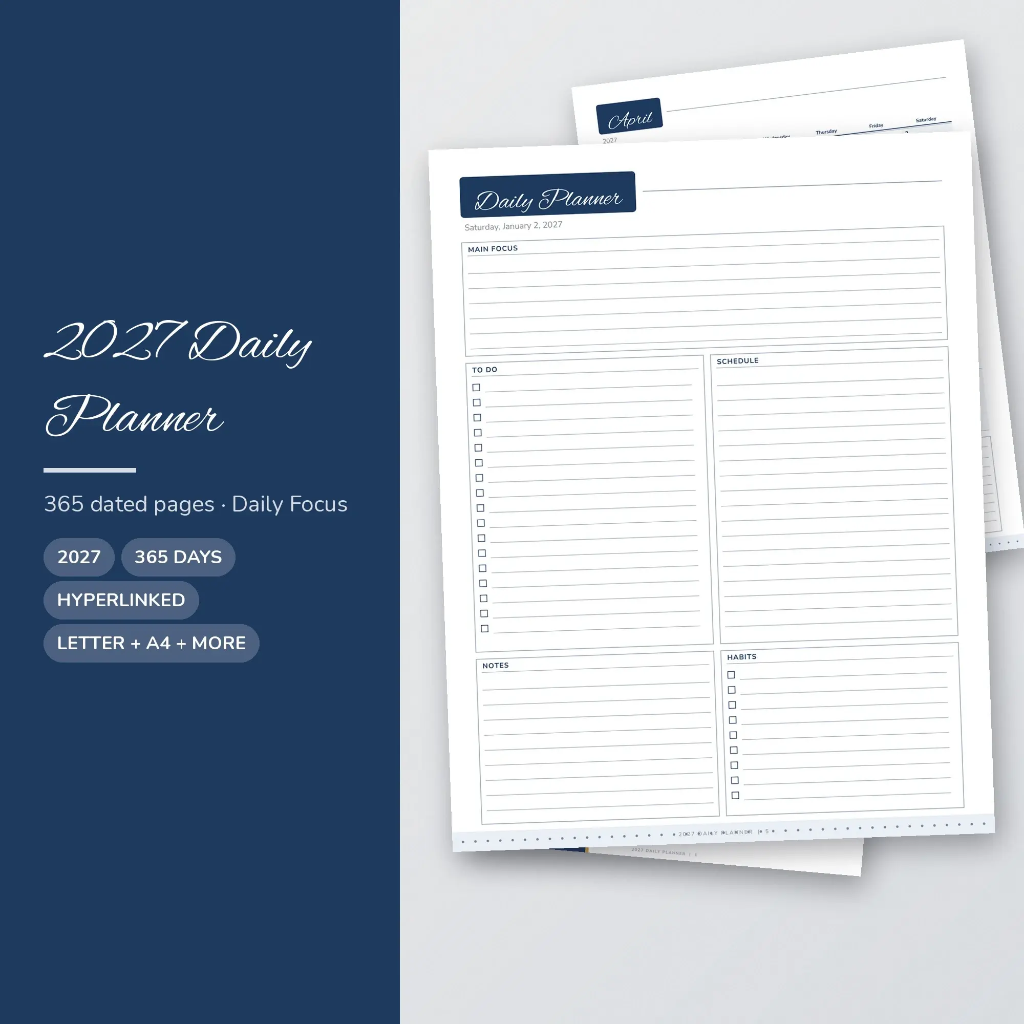 2027 Digital Daily Planner, Hyperlinked PDF + Printable, Navy preview