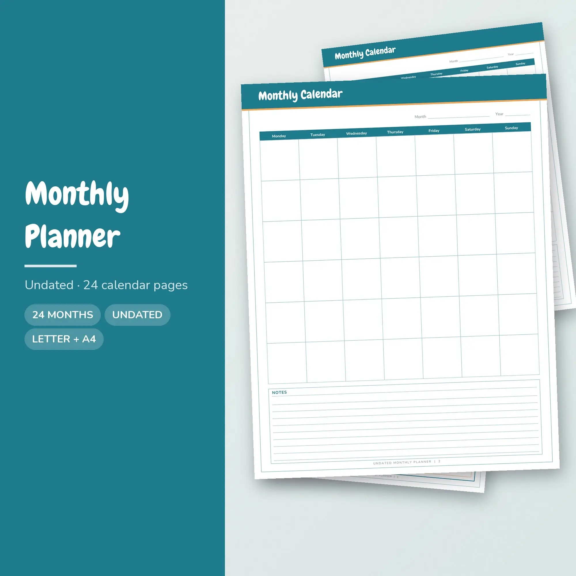 Monthly Planner Printable, Undated Calendar Ocean Teal PDF preview