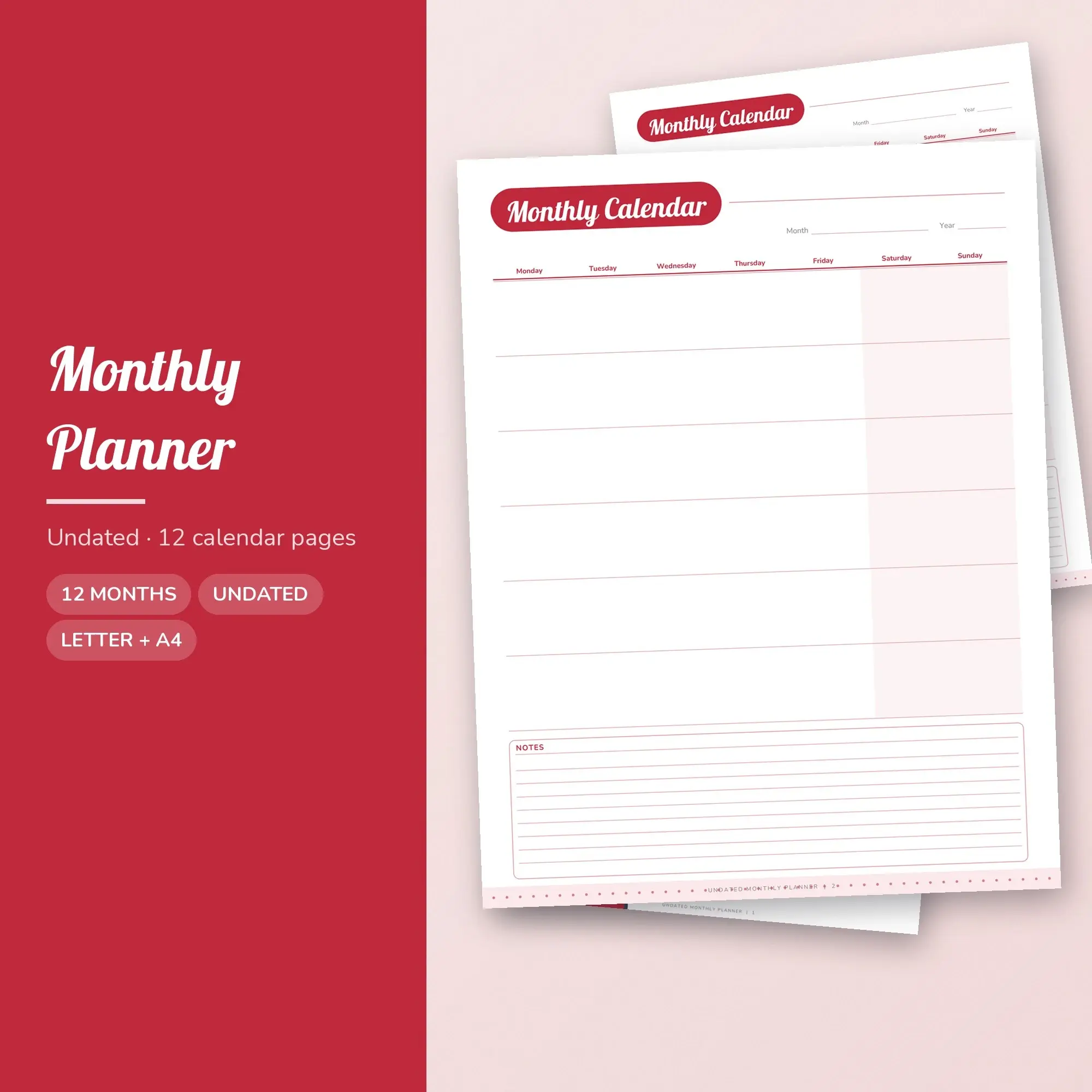 Romantic Undated Monthly Calendar Printable, 12 Pages preview