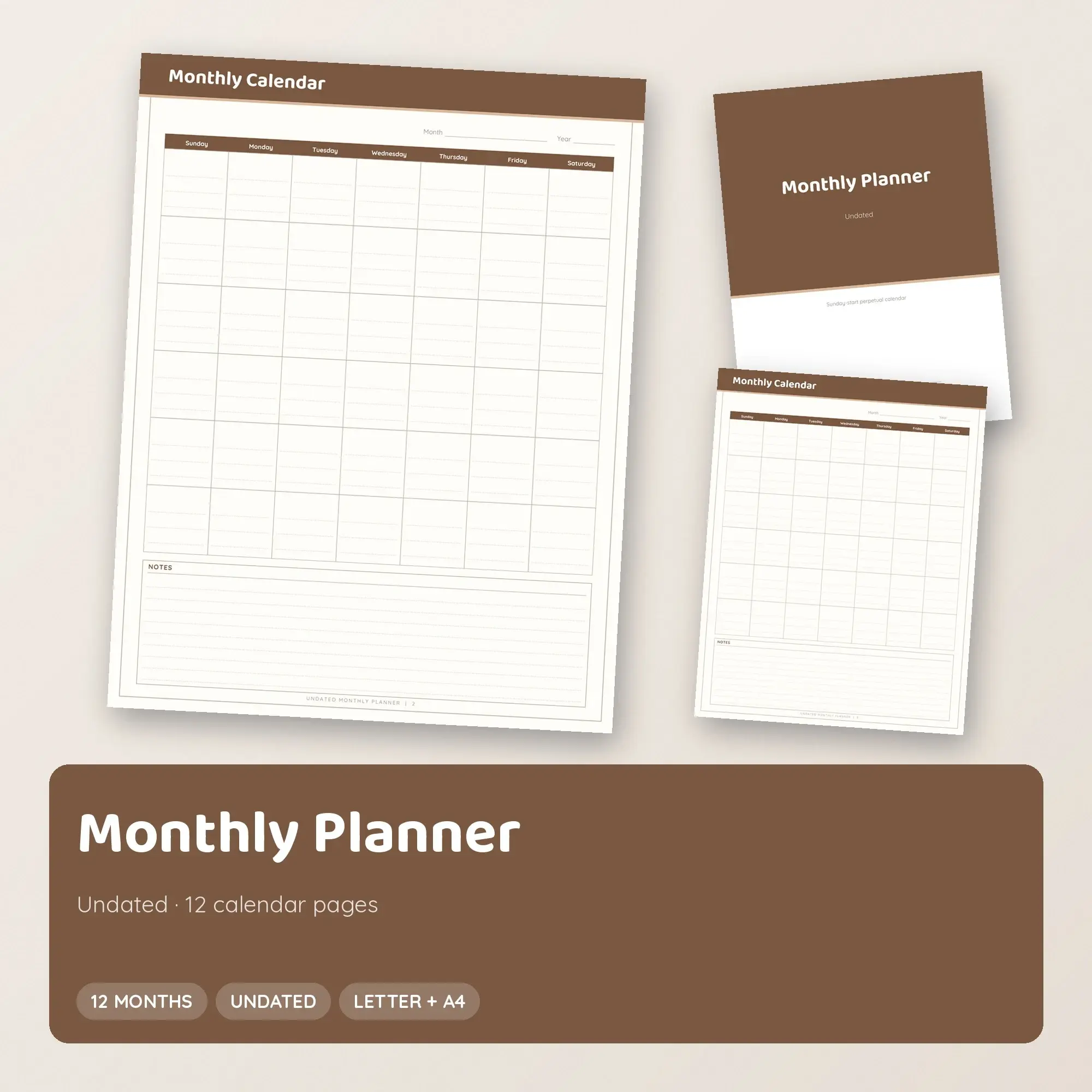 Blank Monthly Calendar Printable, Perpetual Cocoa Playful preview