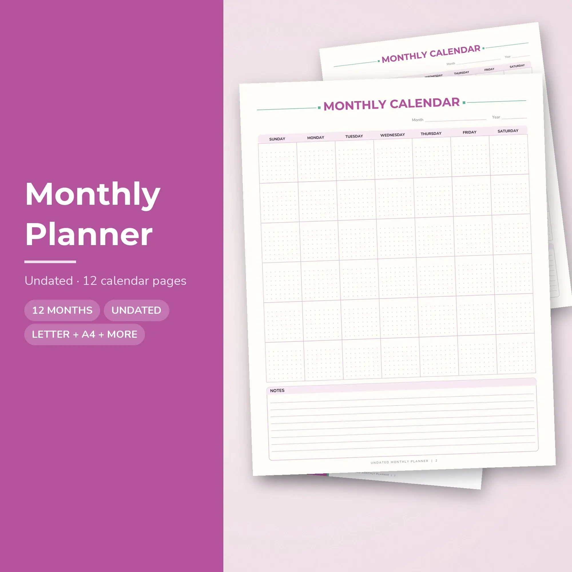 Monthly Calendar Printable Undated - A Layout, Orchid preview