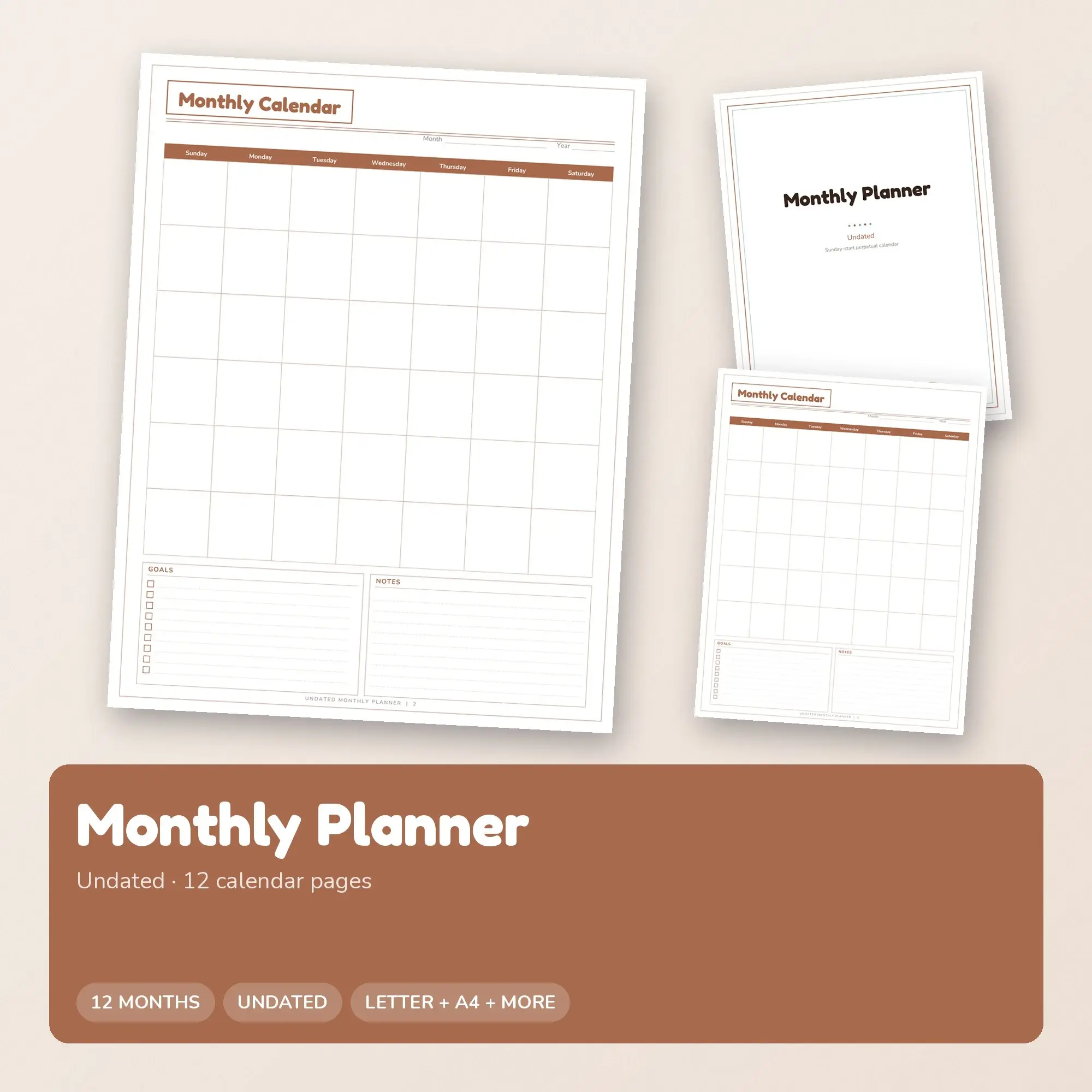Monthly Planner Printable, Undated Calendar Clay PDF preview