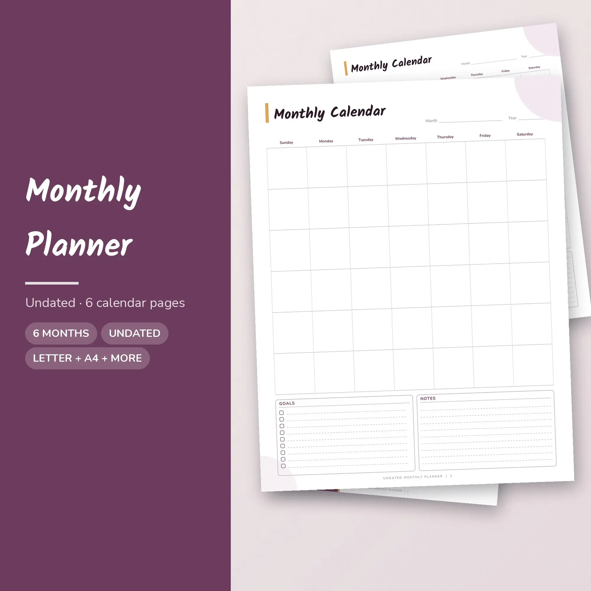 Undated Monthly Planner PDF, Circle Grid, Sunday Start preview