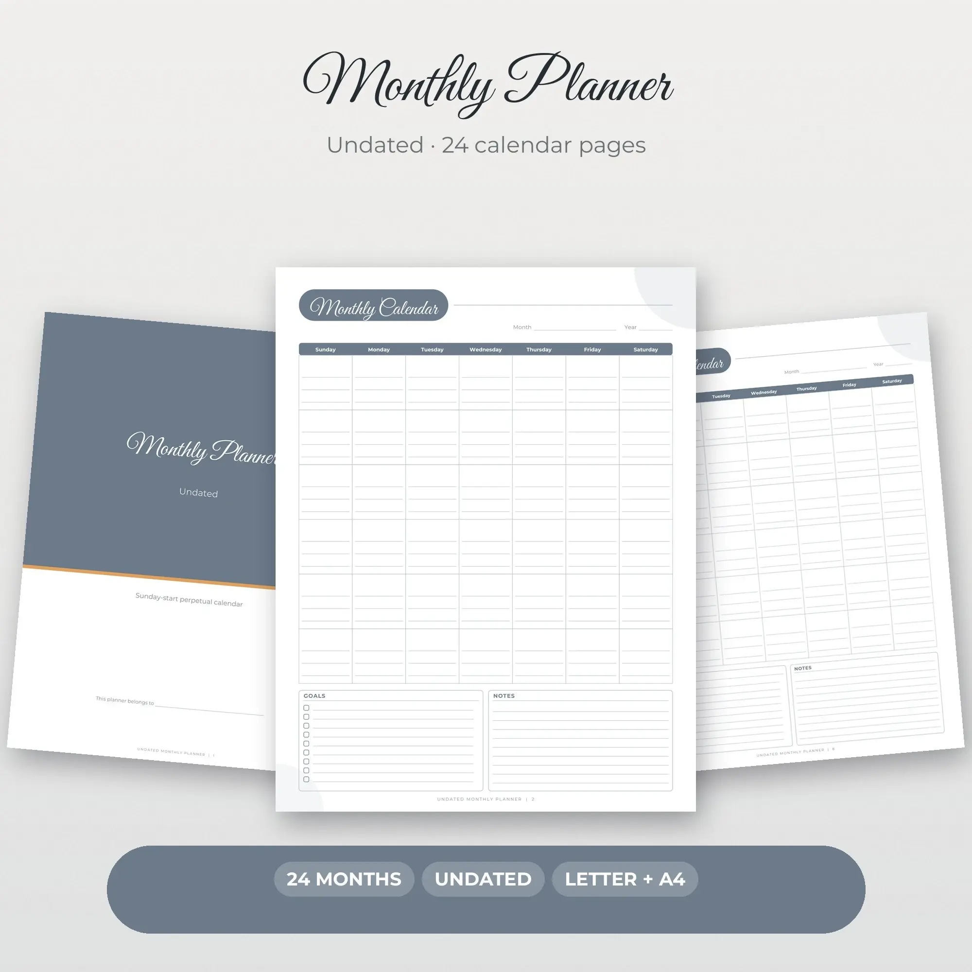 Blank Monthly Calendar Printable, Perpetual Pewter Romantic preview