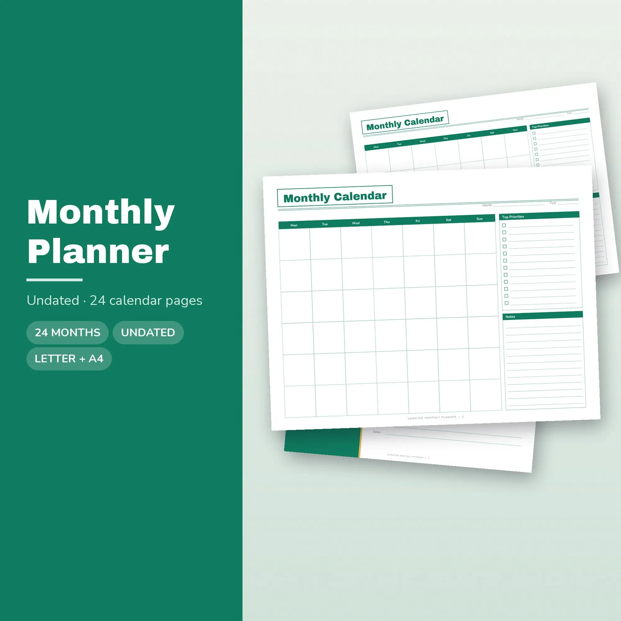 Monthly Planner Printable, Undated Calendar Emerald PDF preview