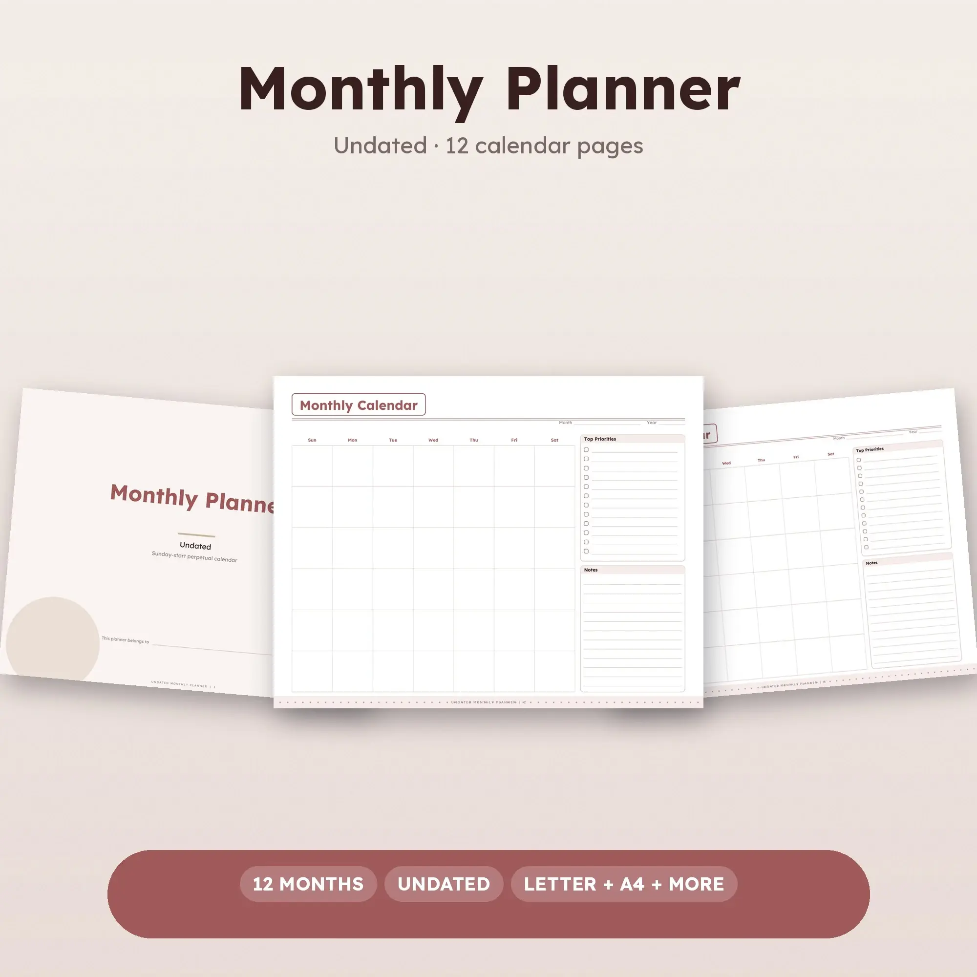 Undated Monthly Planner PDF, Circle Grid, Sunday Start - Rosewood preview