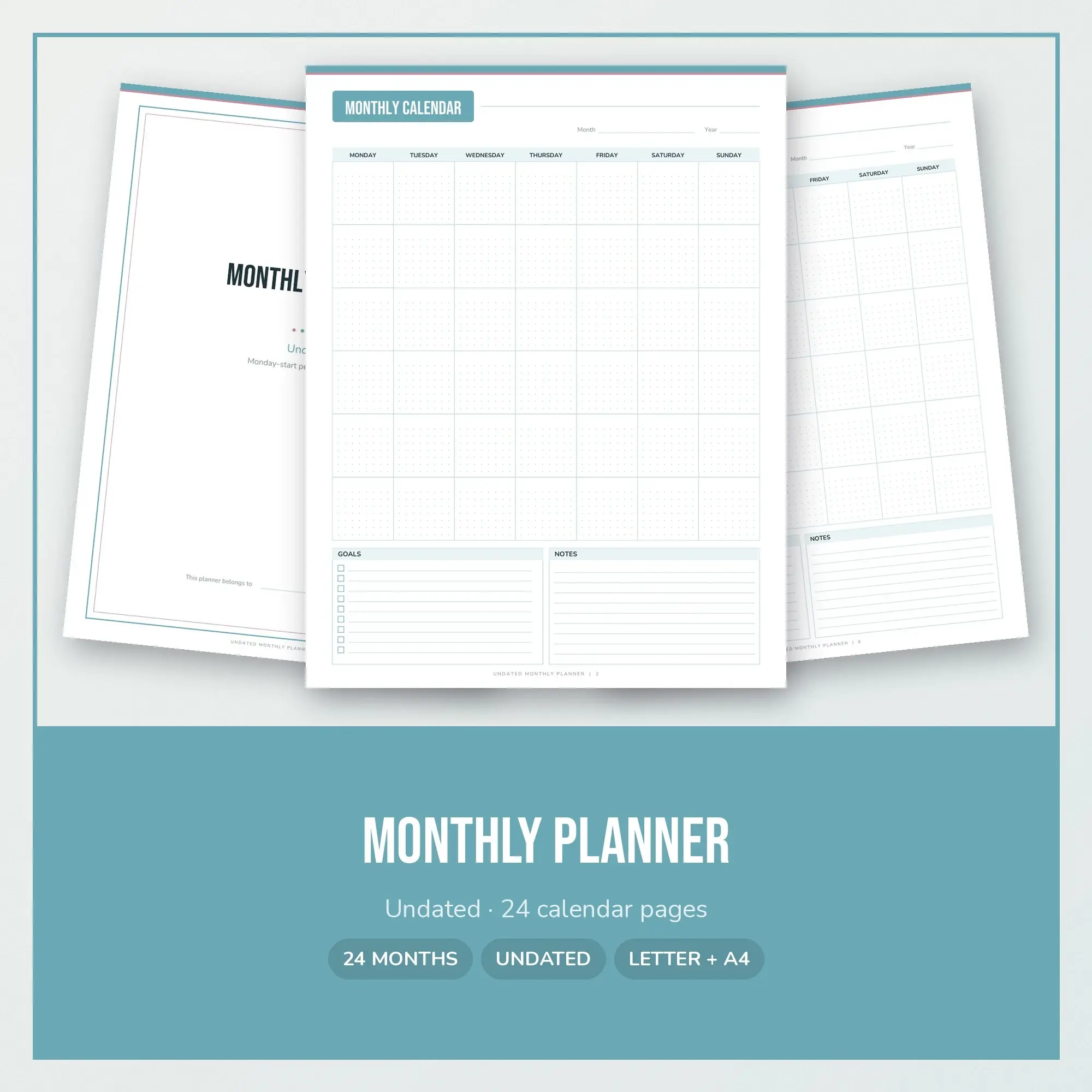 Monthly Calendar Printable Undated - Goal Layout, Glacier preview